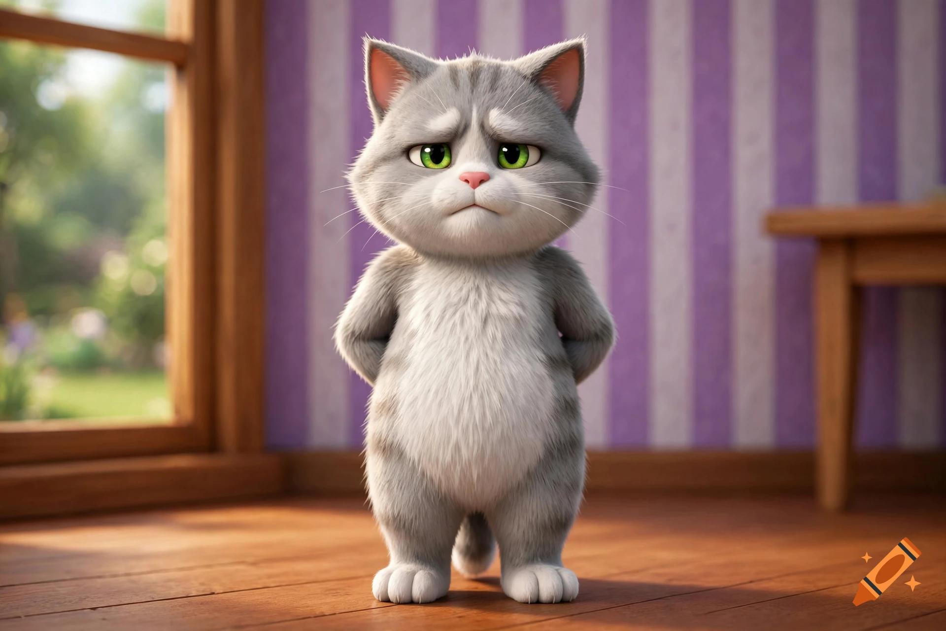 3D render of a grey and white anthropomorphic cat with green eyes standing in a living room.