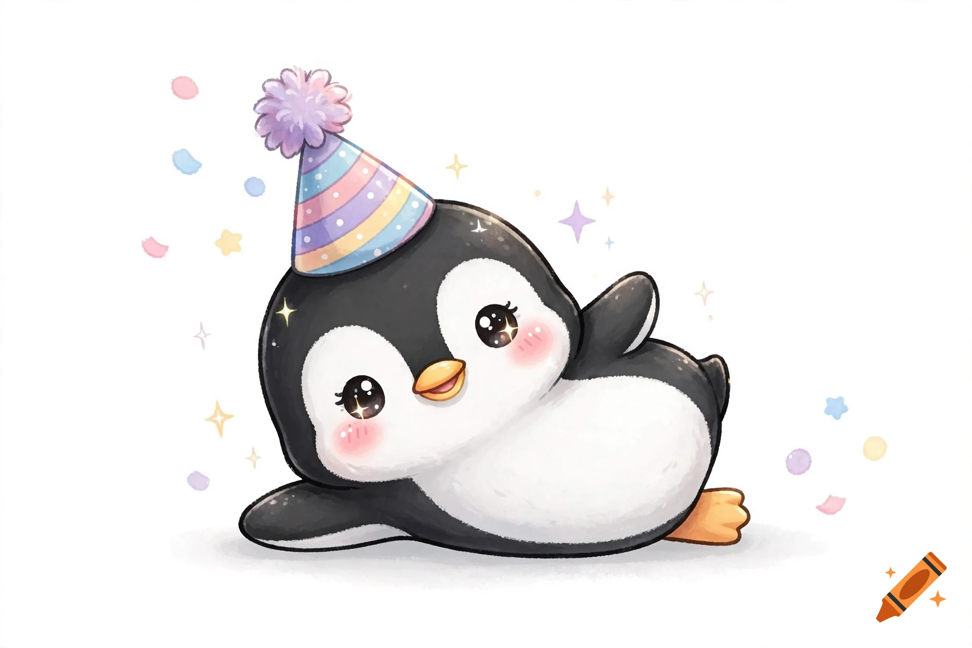A cute kawaii penguin wearing a colorful party hat, lying down surrounded by confetti, watercolor illustration style.