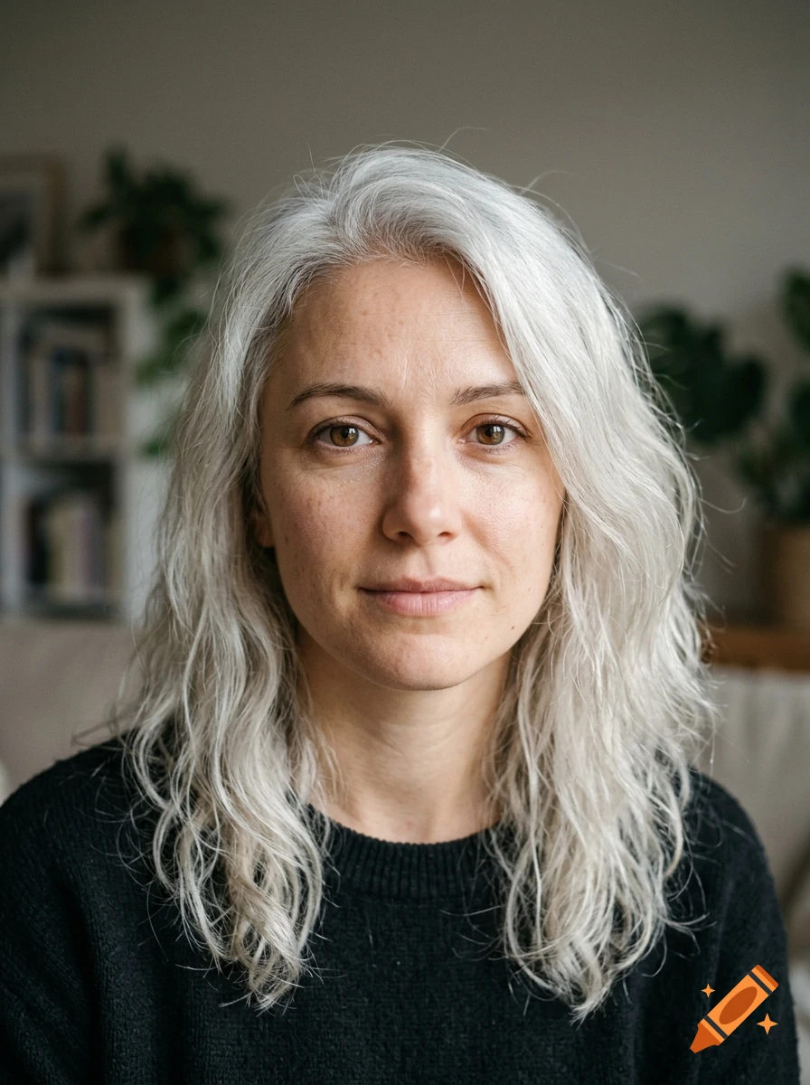 Photorealistic portrait of a woman in her late twenties with wavy silver hair and brown eyes wearing a black sweater.