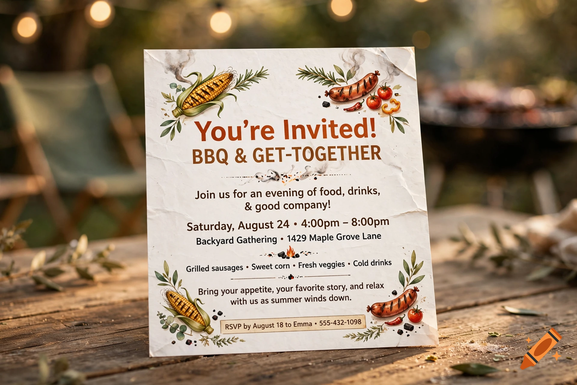An invitation flyer for a backyard BBQ and get-together, featuring watercolor illustrations of corn and sausages on a wooden table.