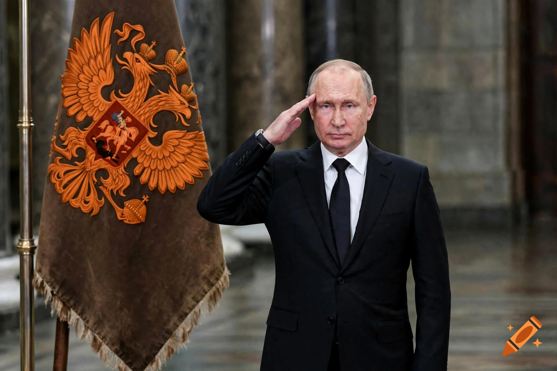 A man in a black suit saluting next to the Russian flag.