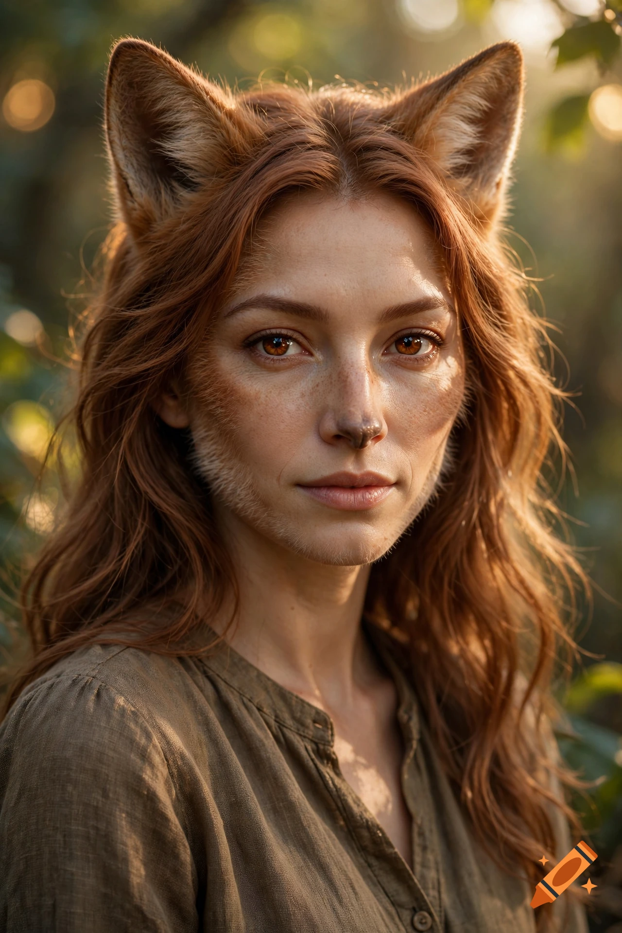 Close-up photorealistic portrait of an anthropomorphic fox woman with reddish-brown hair and amber eyes in a sunlit forest.