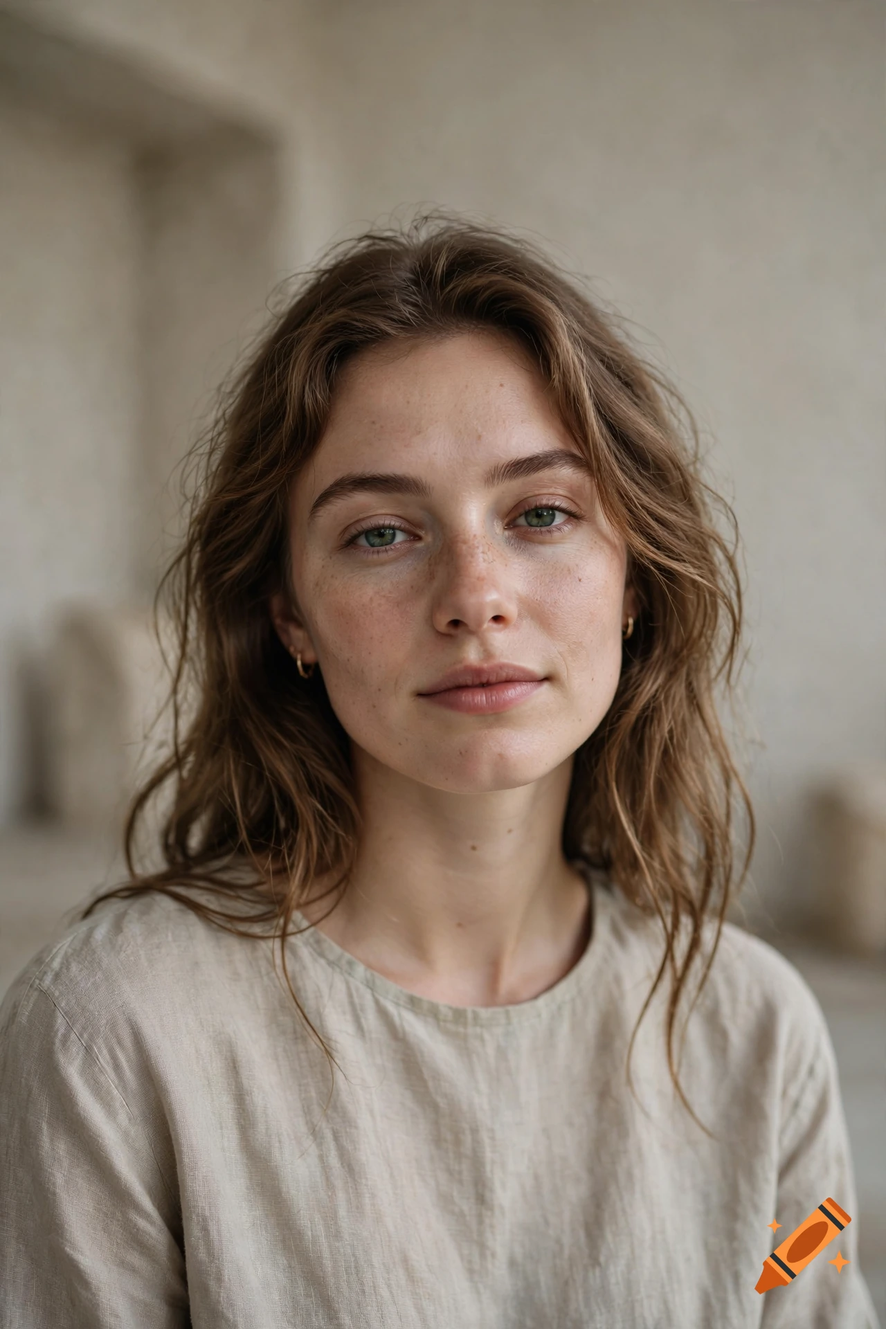 Close-up portrait of a young woman with light brown wavy hair, freckles, and a neutral expression, wearing a neutral-toned linen shirt against a soft, muted background.