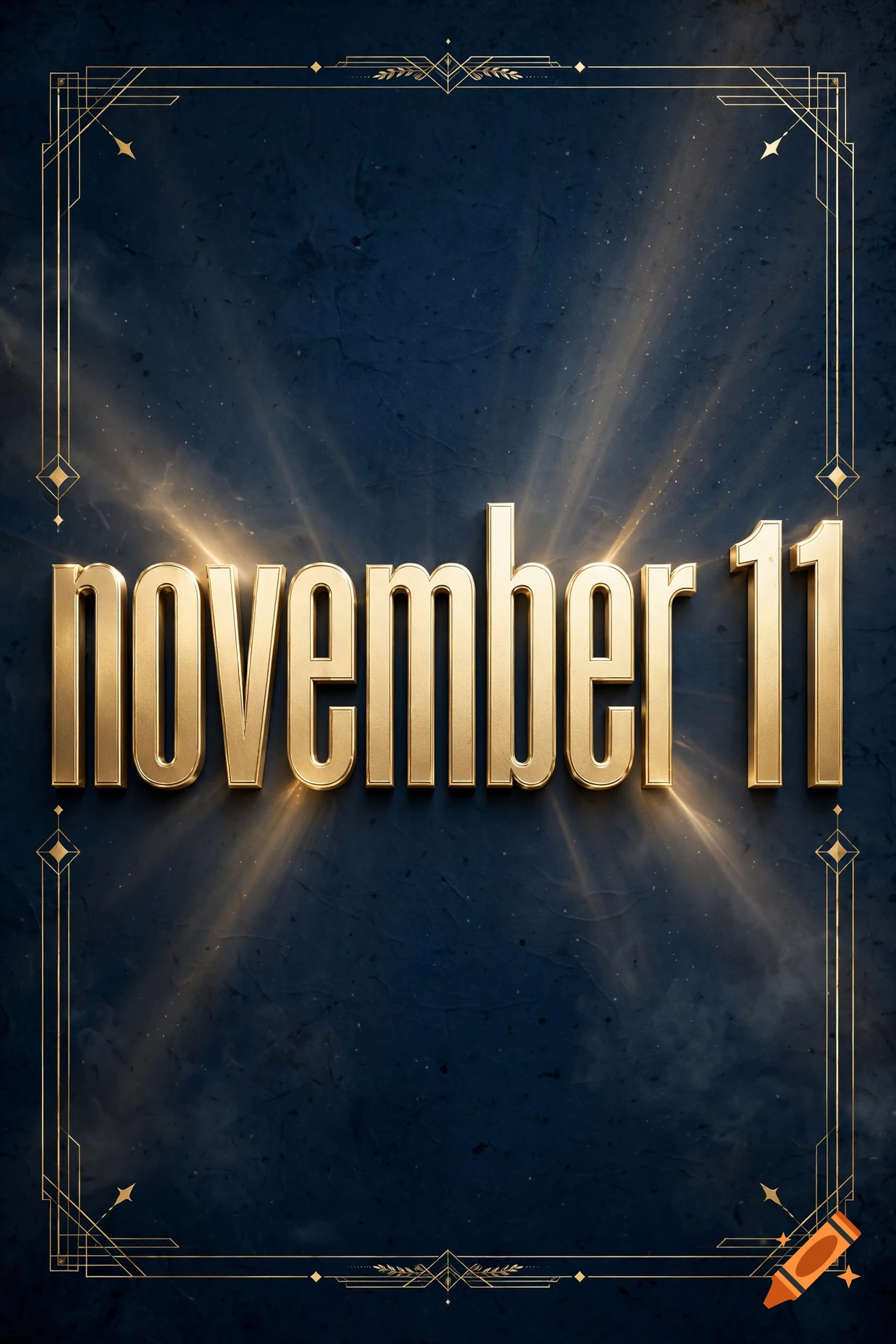 Golden 3D letters spelling 'november 11' centered on a dark textured background with an art deco border.