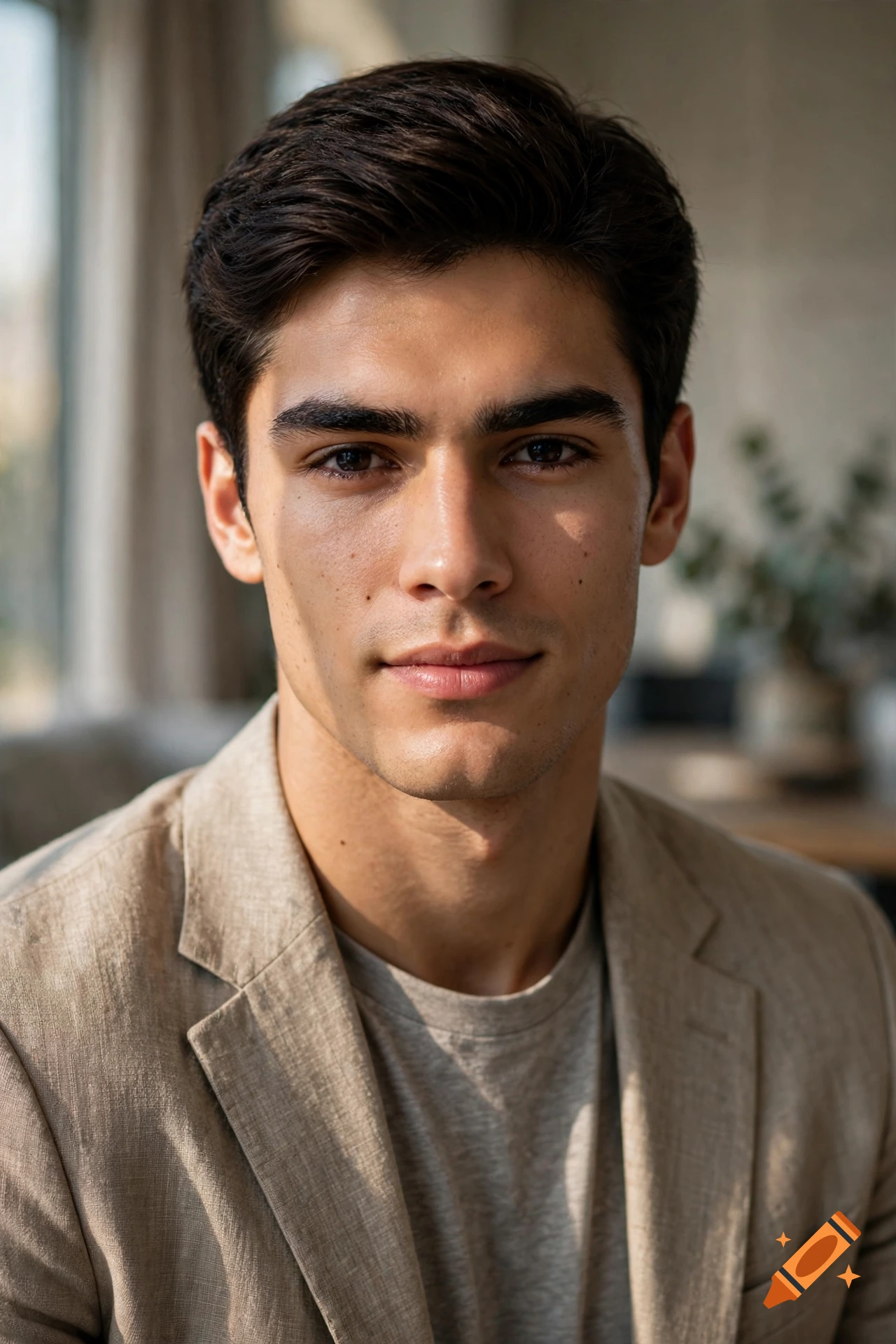Close-up photorealistic portrait of a young man with dark hair, prominent eyebrows, and a light beige blazer.