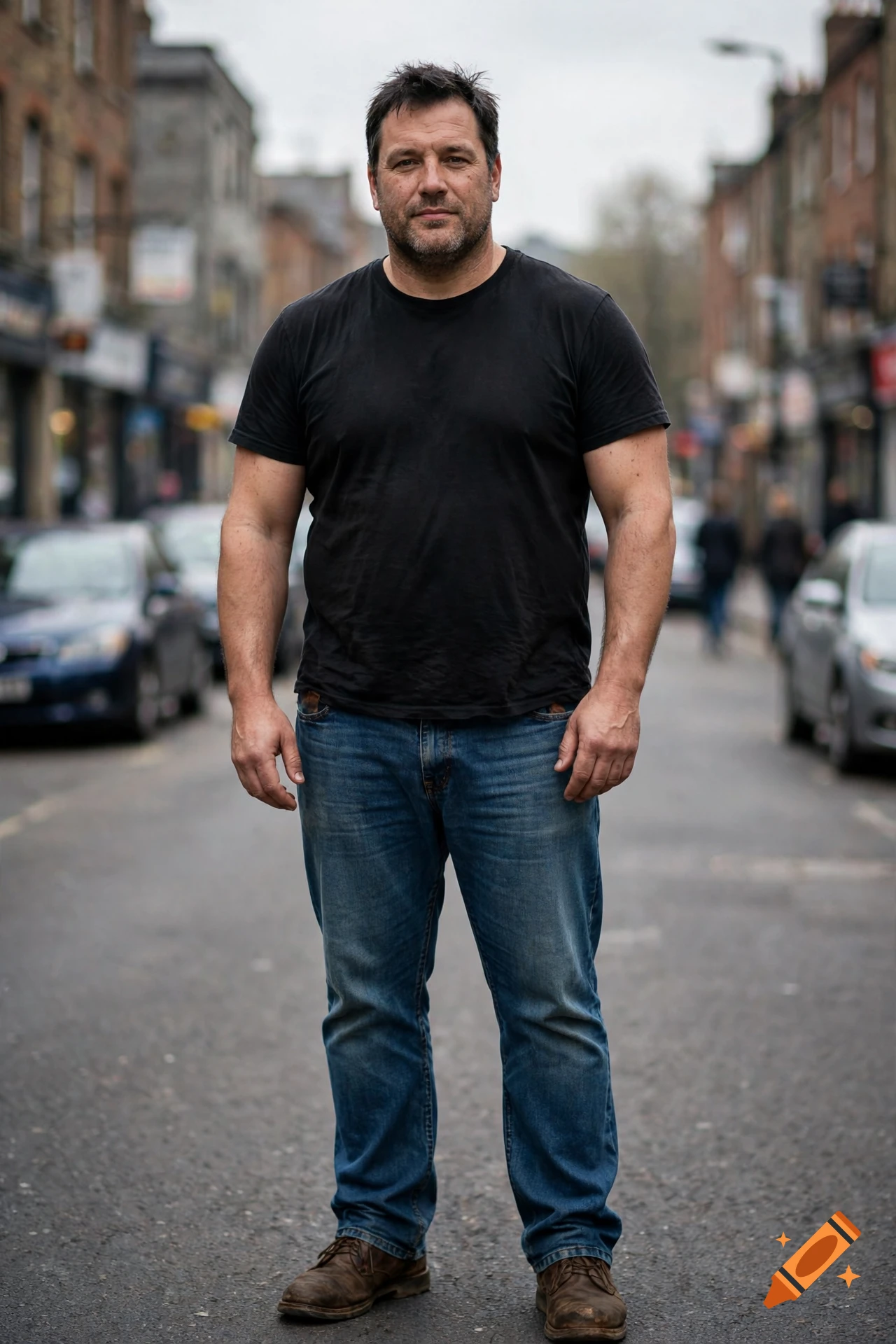 A full-length portrait of a man standing on a city street, wearing a black t-shirt and blue jeans.