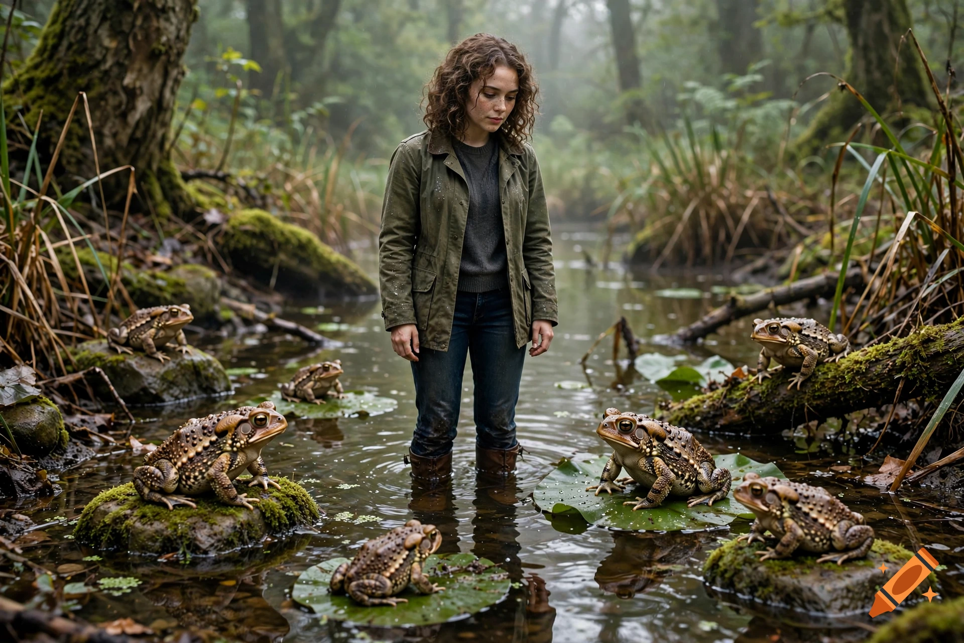A woman stands in a misty wetland surrounded by several large toads sitting on rocks and lily pads.