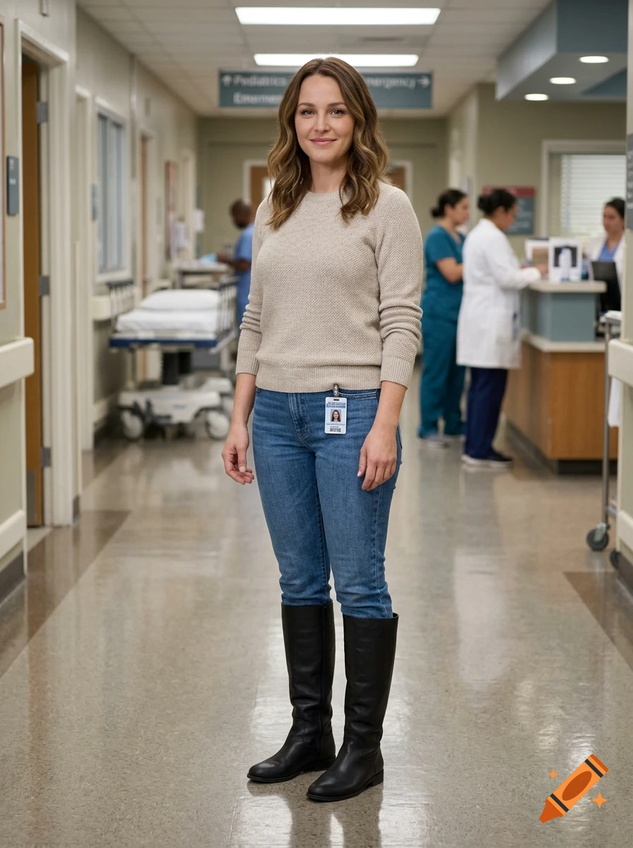 Photorealistic full-body shot of a woman in a hospital hallway wearing a beige sweater, blue jeans, and black leather boots.