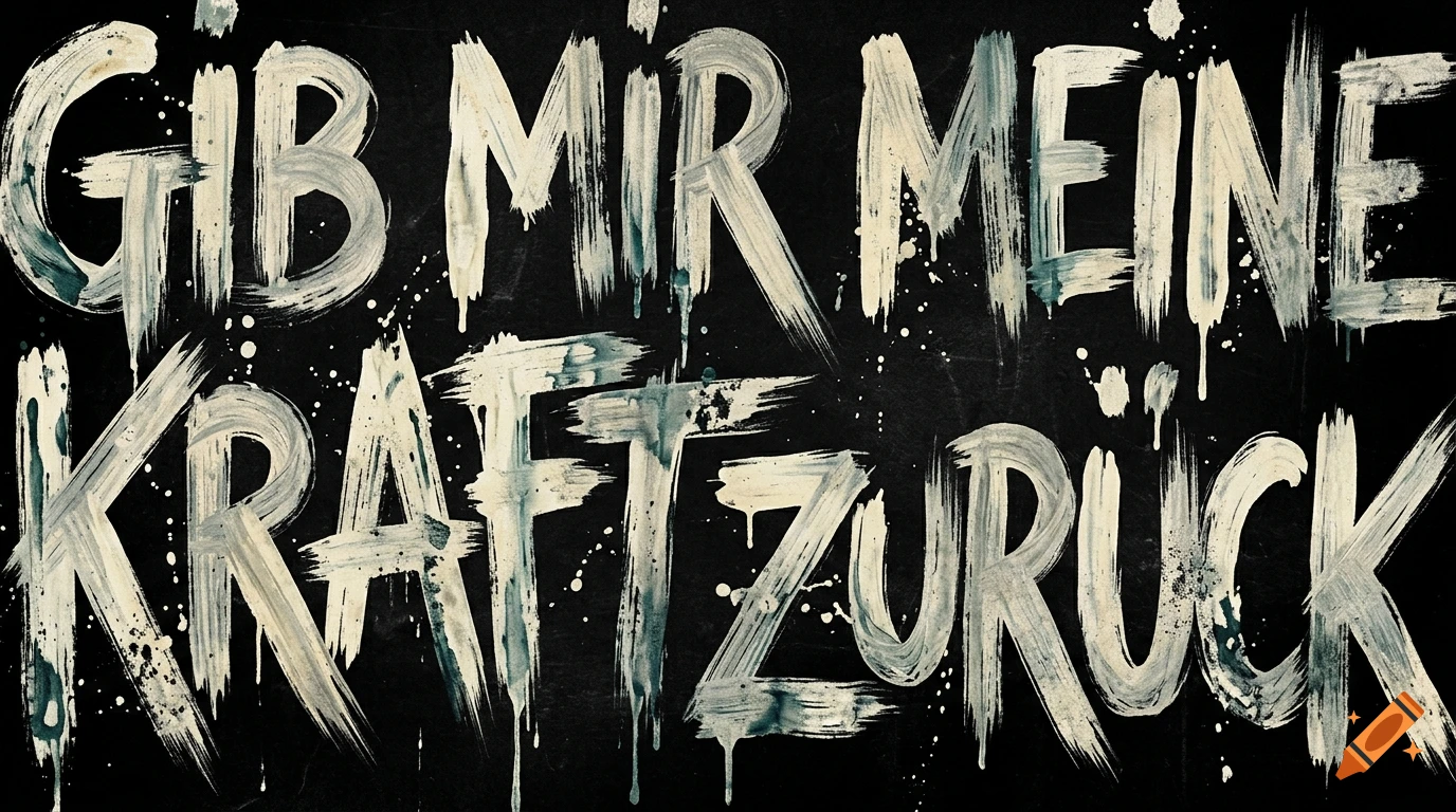 Hand-painted grunge typography on a black background reading GIB MIR MEINE KRAFT ZURÜCK in white and blue-green.