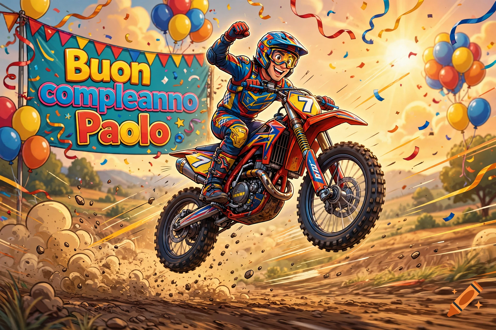 Cartoon illustration of a young man riding a dirt bike, jumping with one fist raised, in front of a birthday banner with balloons.