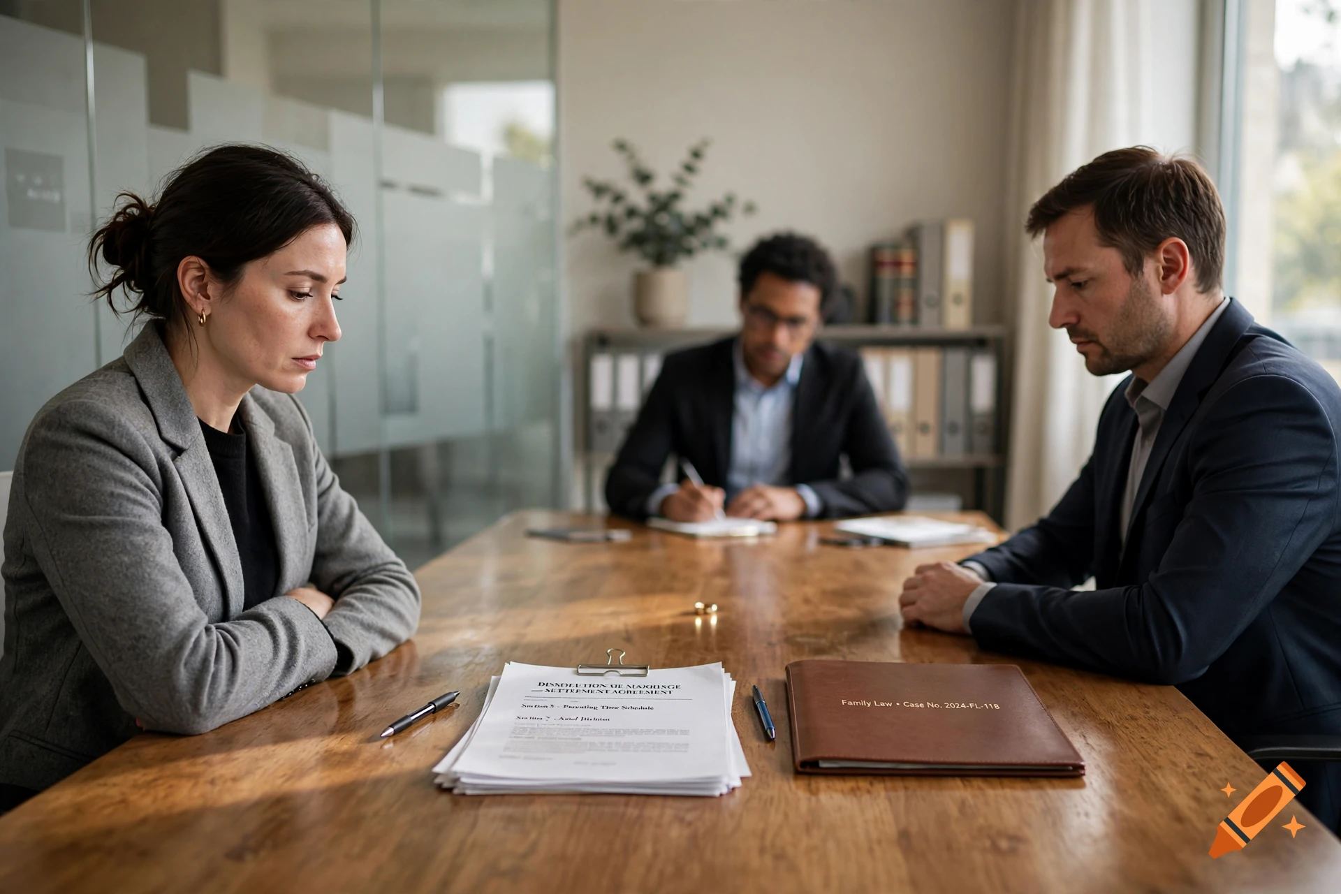 A man and woman sitting across from each other at a wooden table in an office, signing legal documents, with a third person in the background.