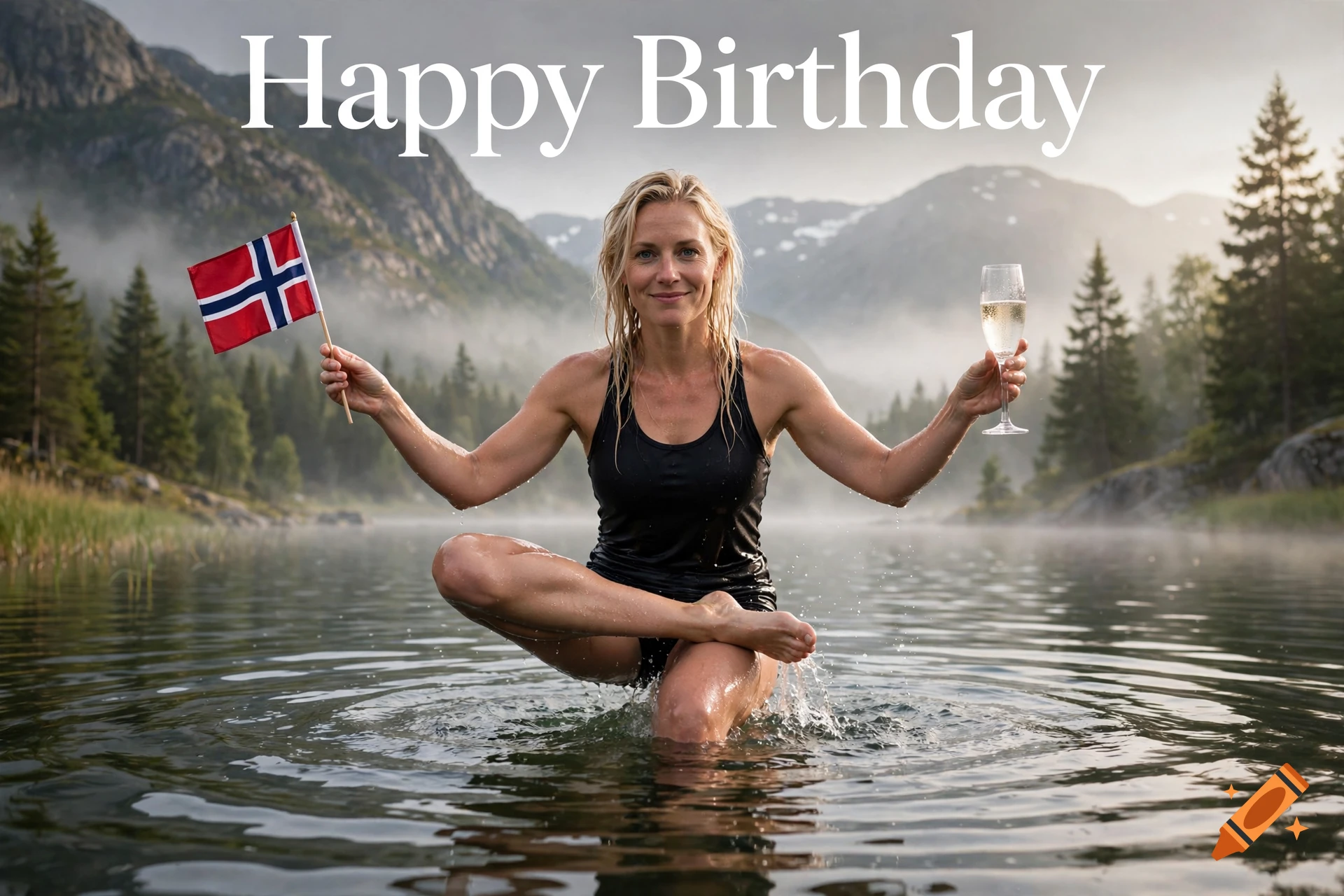 A blonde woman doing yoga in a misty lake holding a Norwegian flag and a glass of champagne, photorealistic.