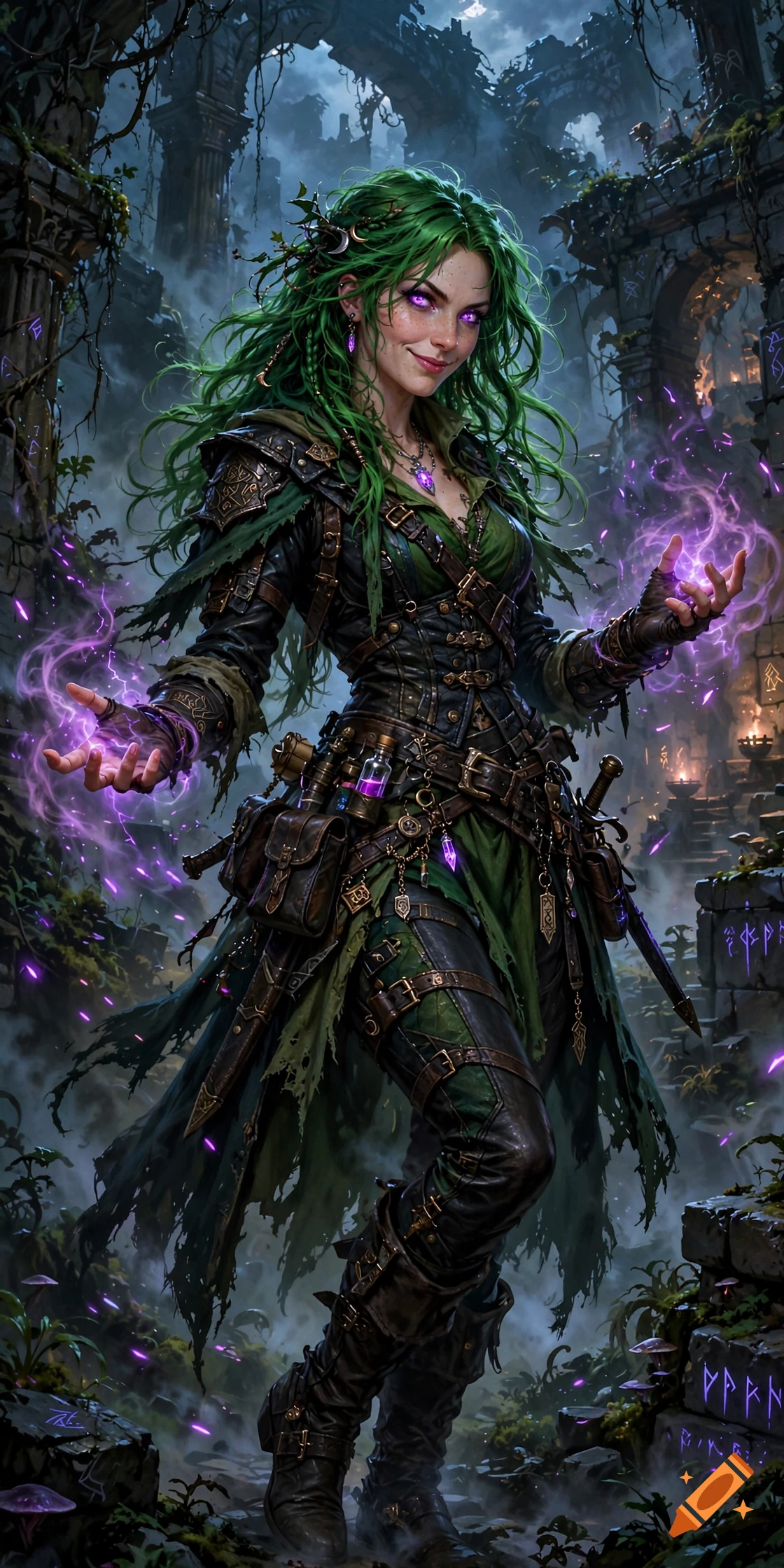 Semi-realistic full body portrait of a mischievous woman with green hair and glowing purple eyes casting magic in ruins.