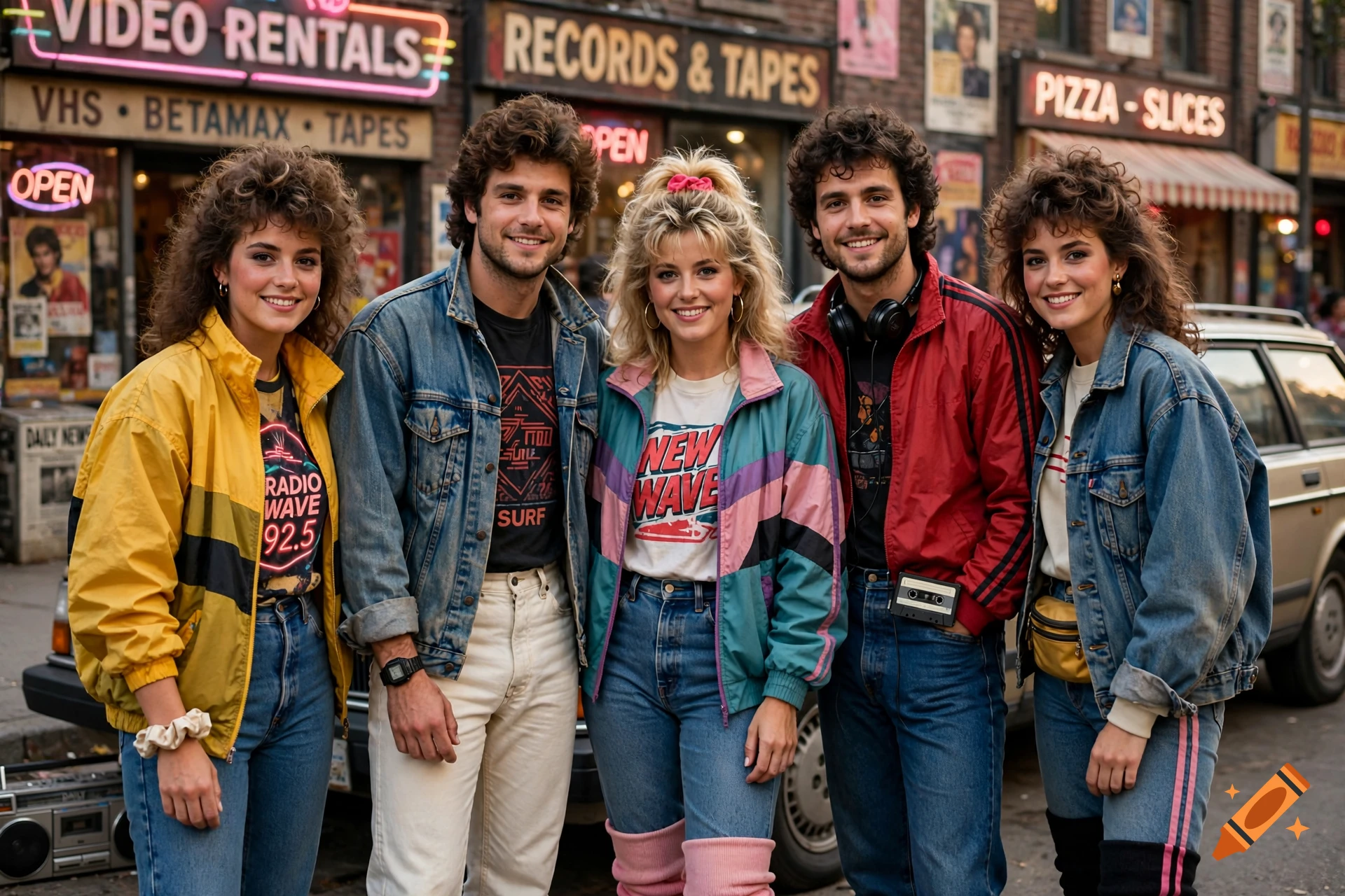 Photorealistic 1980s style group portrait of five smiling young adults standing on a city street in front of shops.