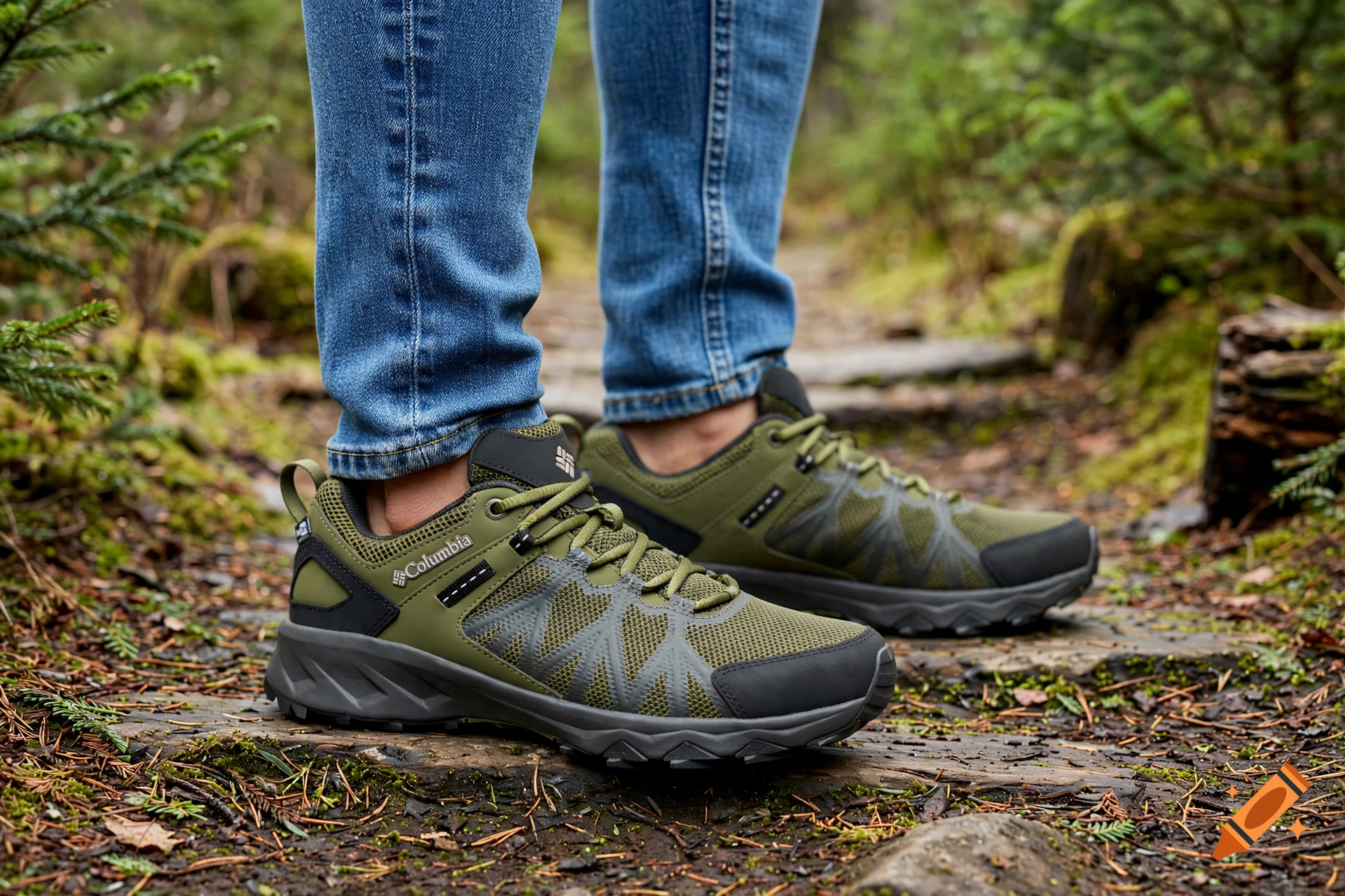 Close-up of a person wearing Columbia green hiking shoes and blue jeans standing on a forest trail.
