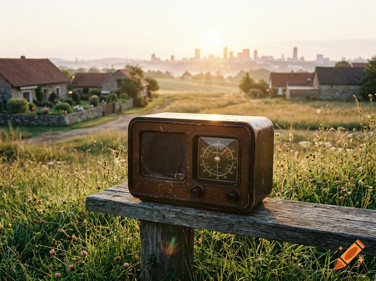 Photorealistic image of a vintage wooden radio on a wooden bench in a field with a distant city skyline at sunrise.