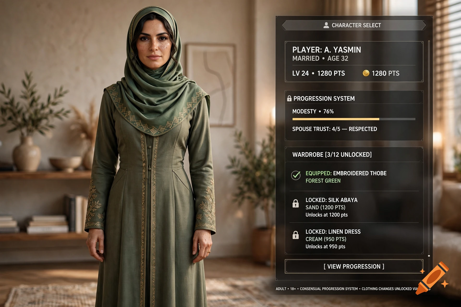 Photorealistic character select screen depicting a woman wearing a green hijab and abaya in a modern living room setting.