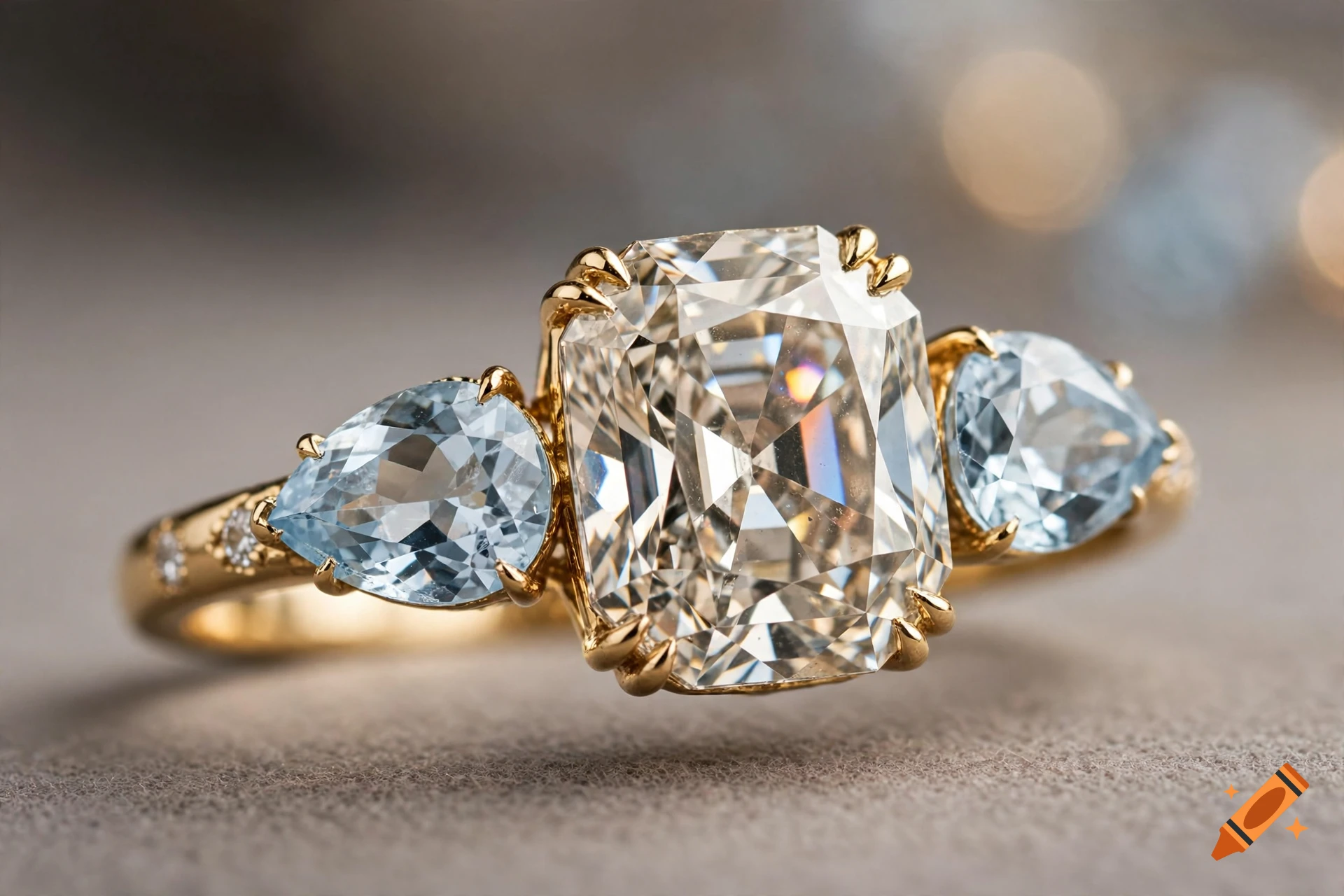 Close-up photorealistic shot of an 18k yellow gold ring featuring a large cushion-cut central diamond flanked by two pale blue pear-cut topazes.