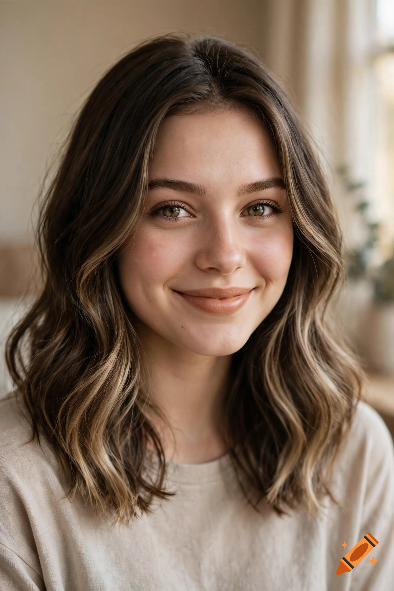 Close-up photorealistic portrait of a young woman with wavy brown hair and highlights, smiling gently.