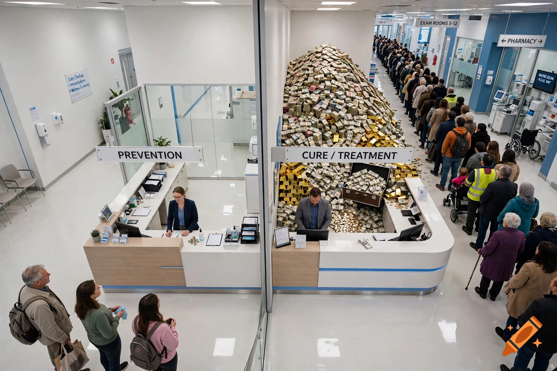 Conceptual overhead photo of a modern clinic split into prevention and cure sides, comparing a small coin pile with a massive mountain of cash and gold.