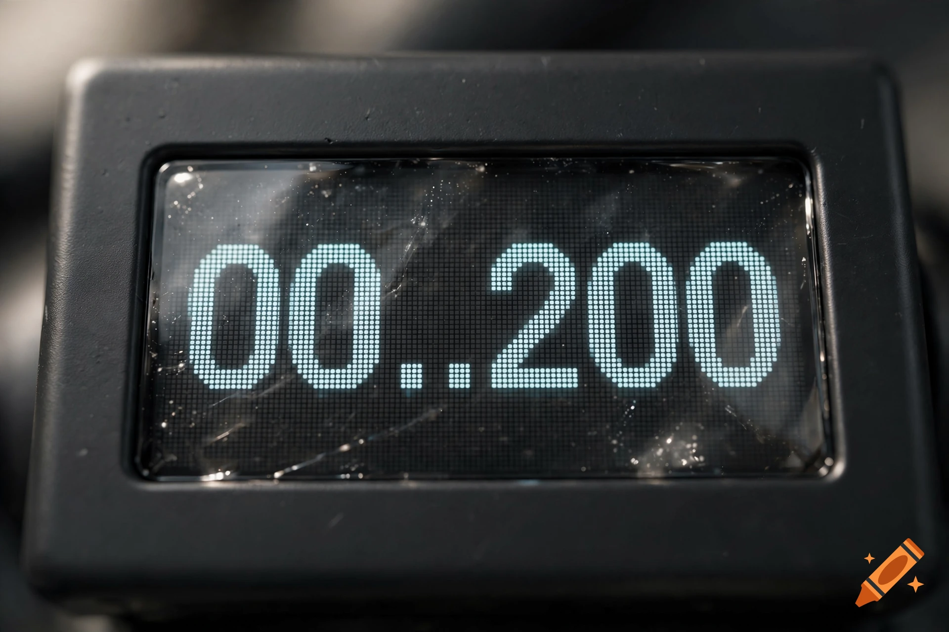 A close-up photograph of a digital screen displaying the numbers "00..200" in teal dot-matrix font within a black housing.