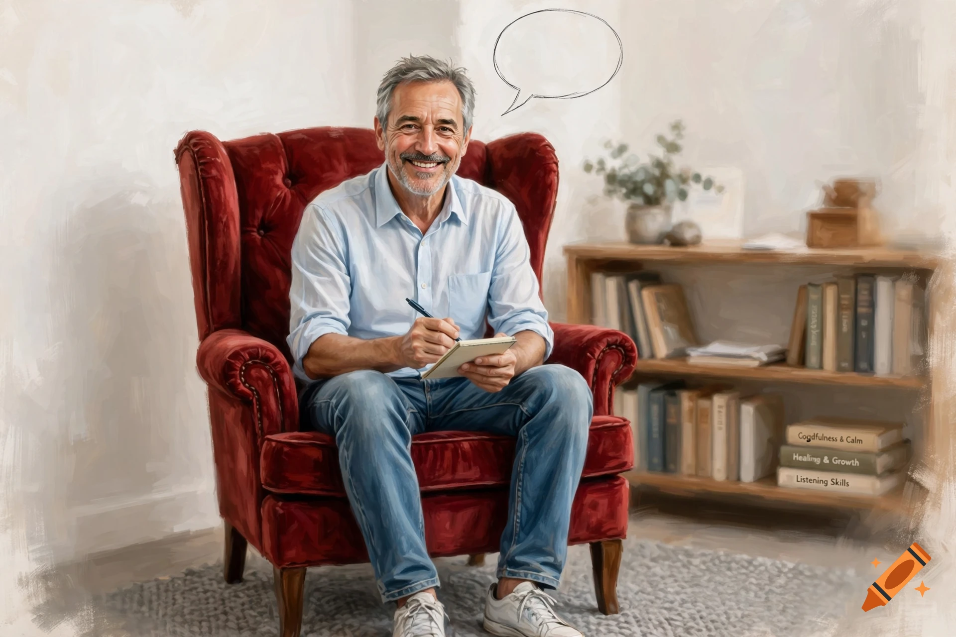 Digital painting of an older smiling man sitting in a red armchair, holding a notebook and pen, with a bookshelf in the background.