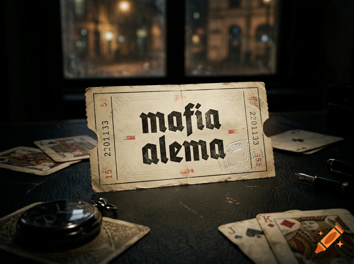 A vintage ticket with the text mafia alema sits on a dark table surrounded by playing cards, a pocket watch, and a fountain pen.