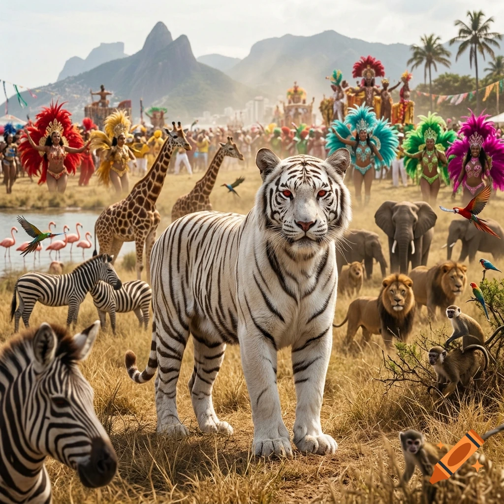 Photorealistic image of a white tiger with red eyes standing in a savanna surrounded by other safari animals and carnival dancers.