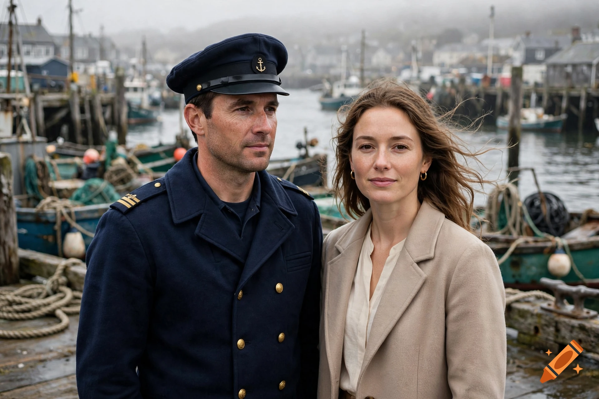 Photorealistic portrait of a sailor man in uniform and a woman in a beige coat standing on a wooden pier with fishing boats in the background.