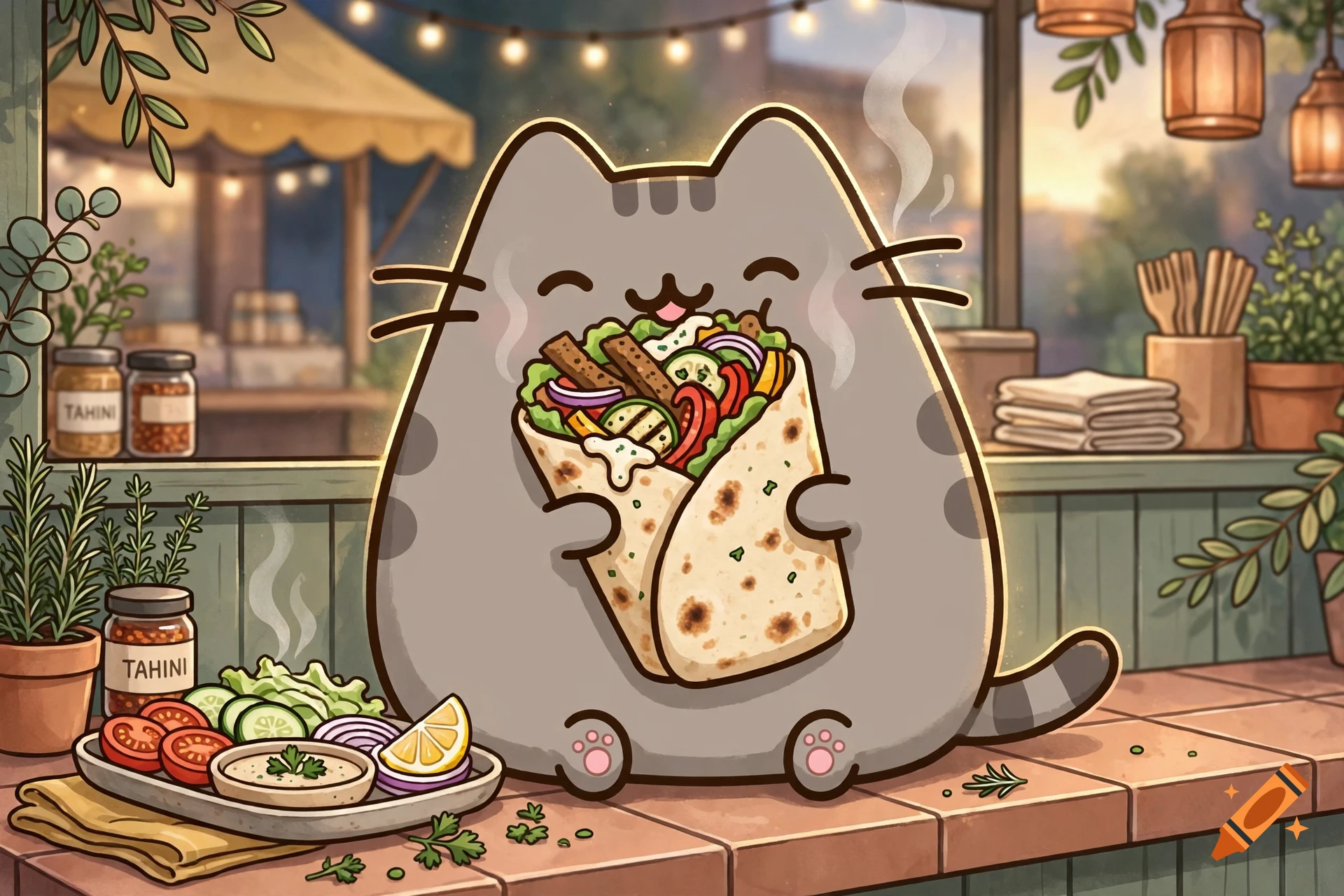 An illustrated grey cat eating a vegan donner kebab sandwich at a street food stall.