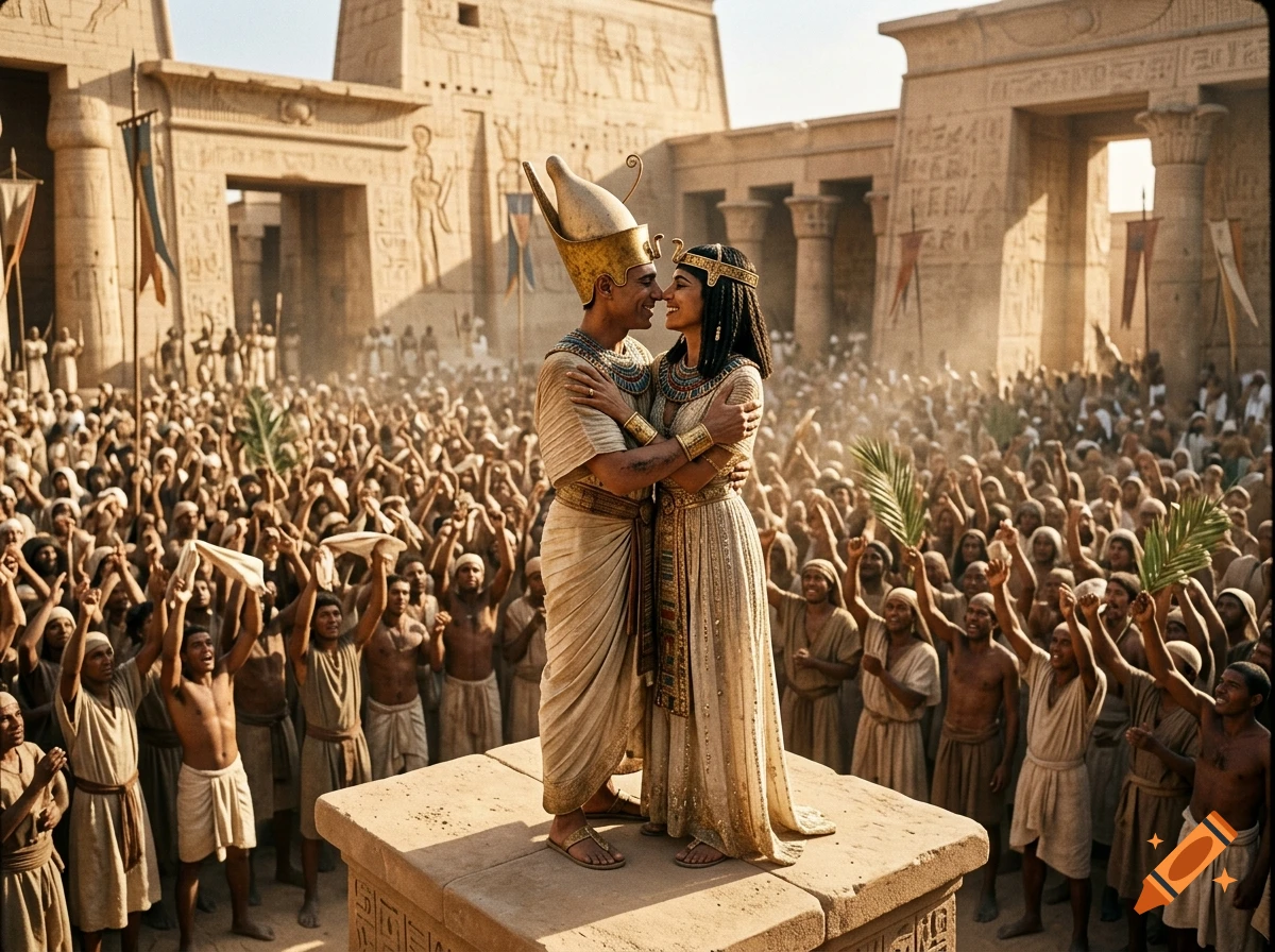 An Egyptian pharaoh and queen stand embracing on a raised stone platform before a cheering crowd and ancient temple architecture.