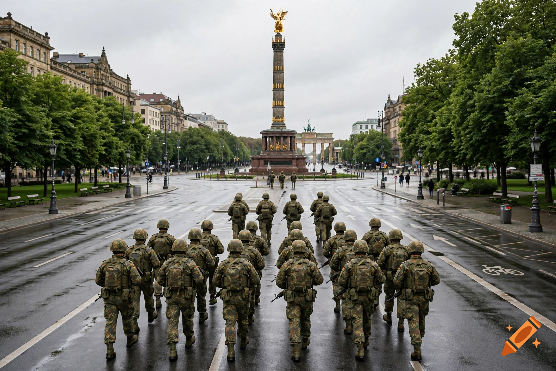 Rear view of a formation of soldiers marching down a wet urban street toward a monument.