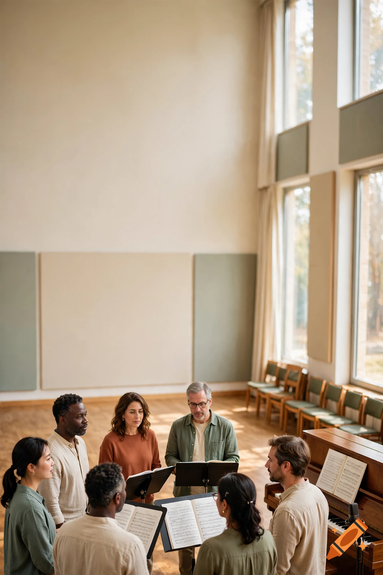 A group of diverse people singing together in a bright, spacious hall, holding sheet music.