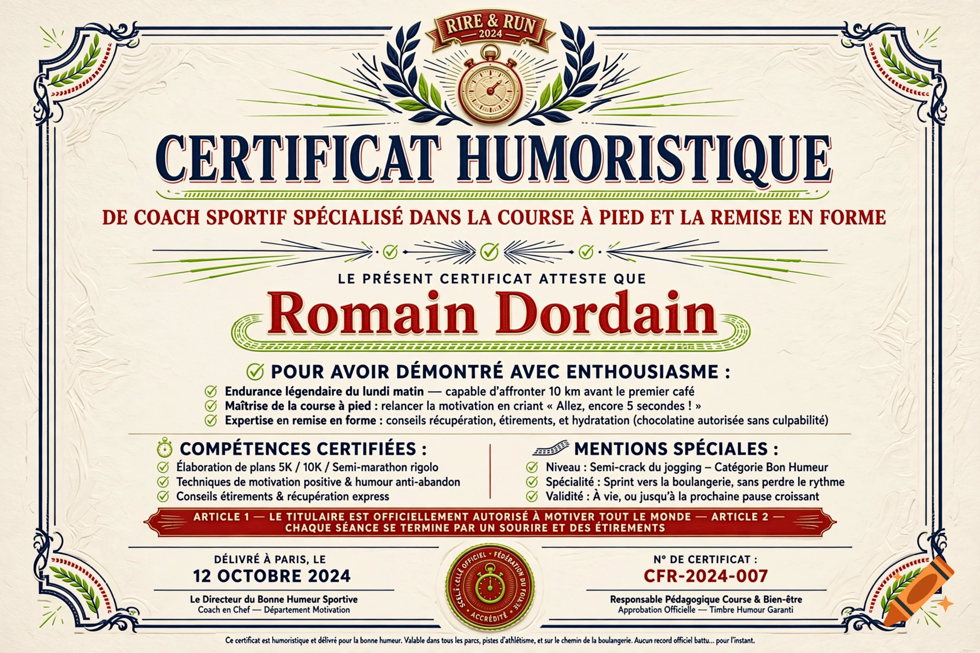 A humorous decorative certificate for a running coach in French, featuring ornate borders, stamps, and the name Romain Dordain.
