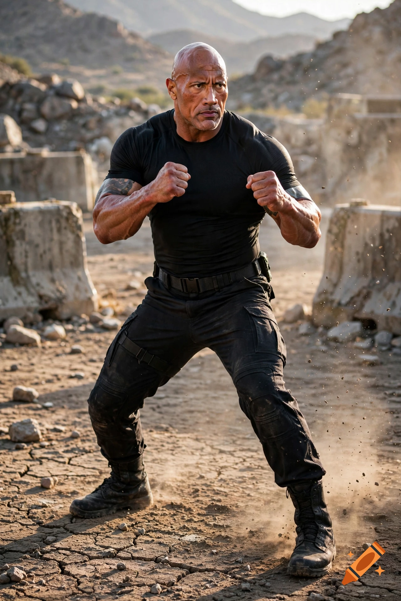 Photorealistic image of Dwayne Johnson in a fighting stance in a dusty outdoor environment.