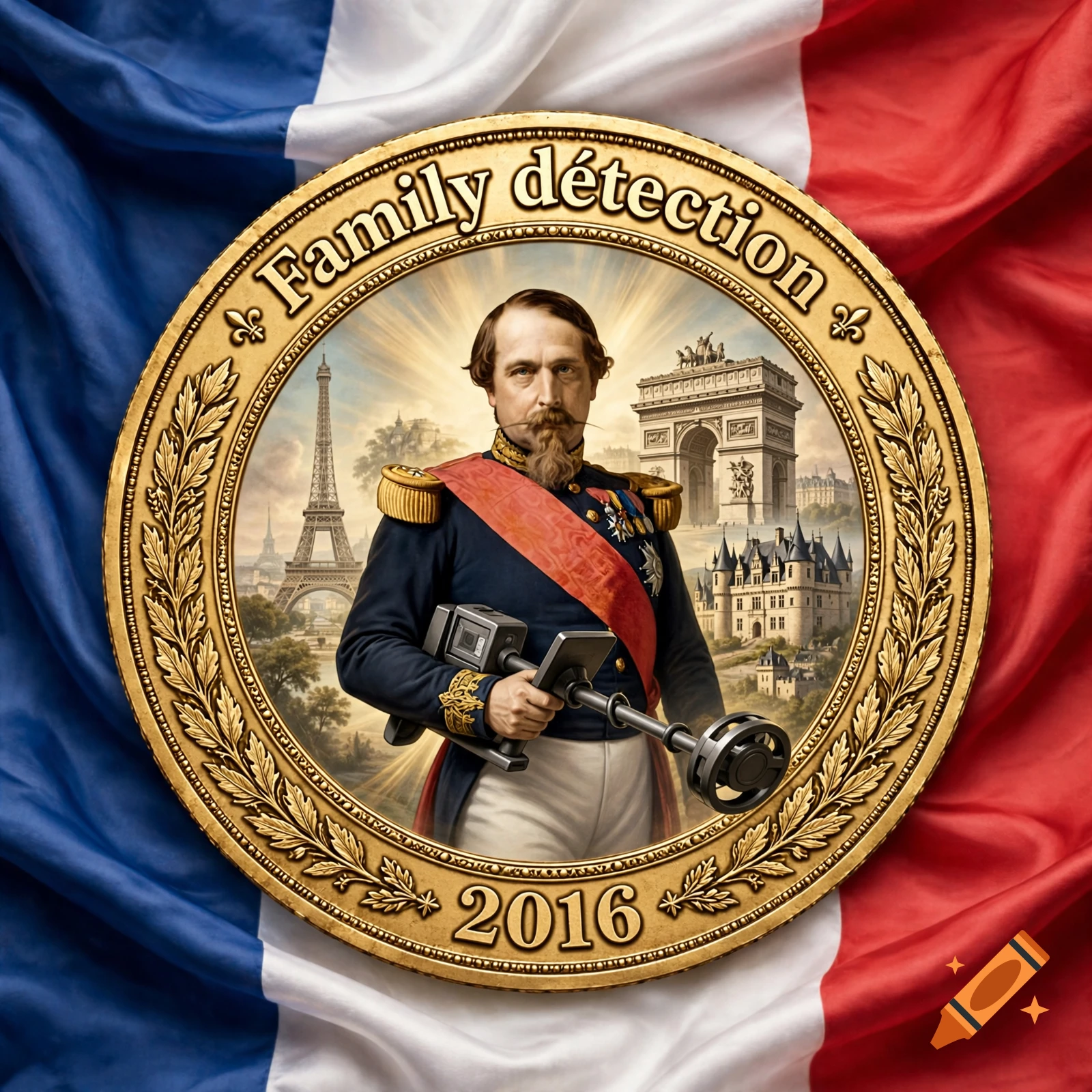 Round gold coin depicting Napoleon III holding a metal detector with French monuments in the background, set against a French flag.