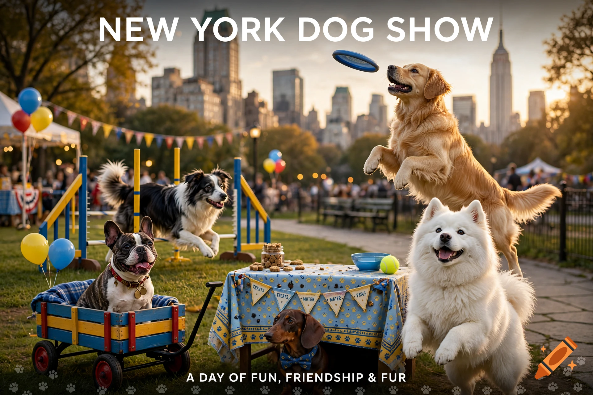 Photorealistic poster of a New York dog show in a park featuring five different cute dogs playing and posing.