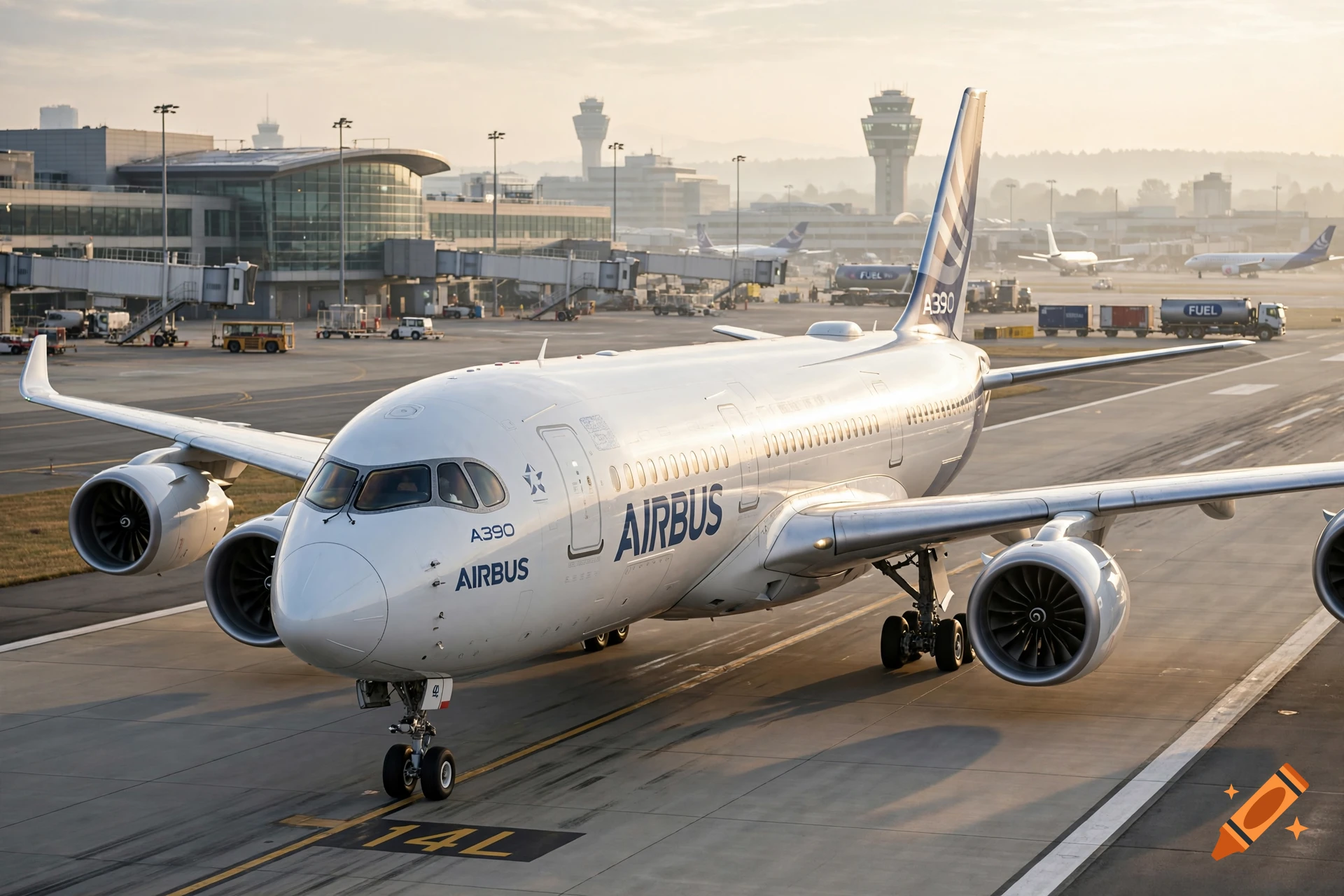 Photorealistic image of a wide-body passenger airplane labeled Airbus A390 parked at an airport tarmac during sunrise.