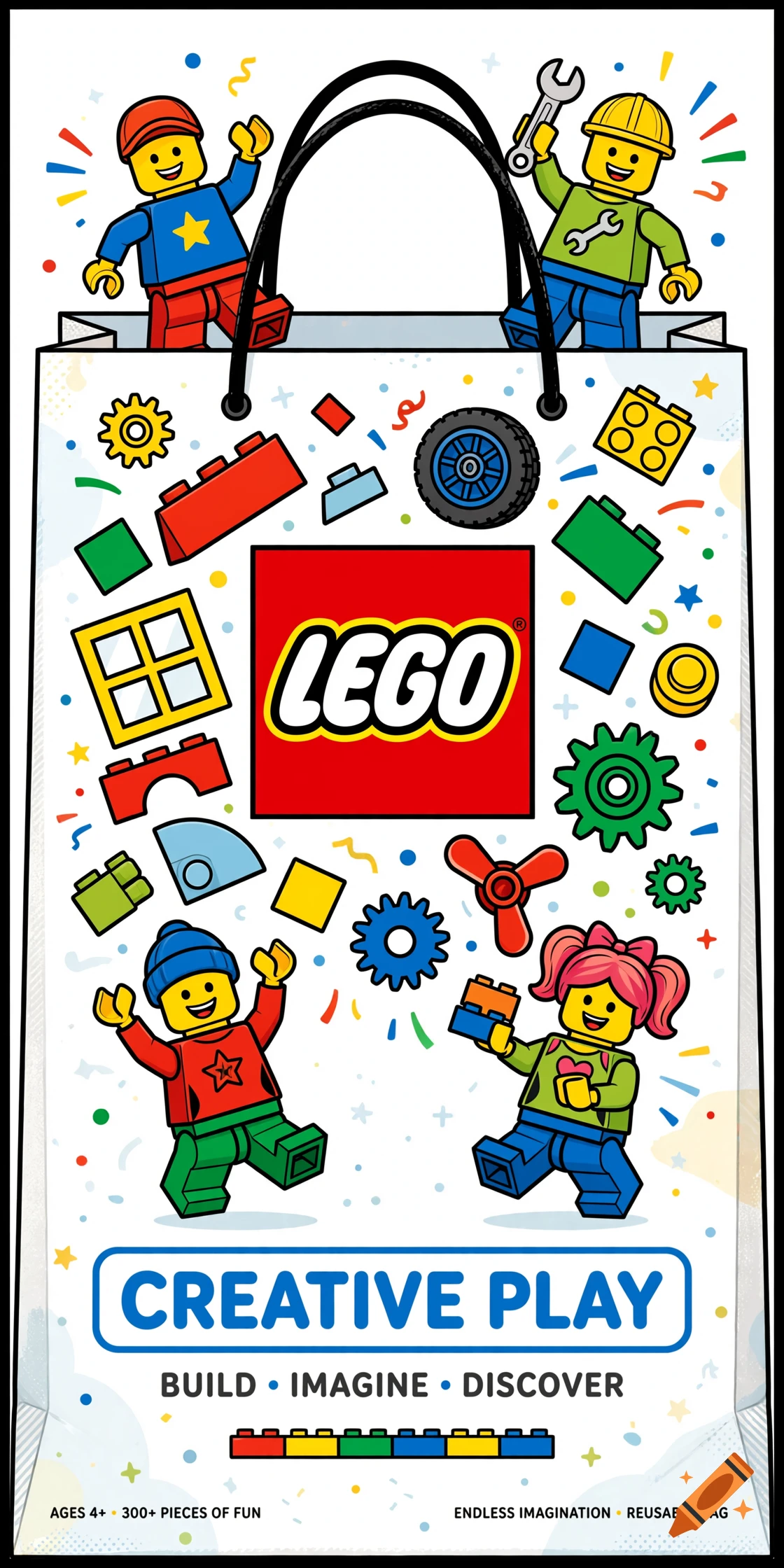 Illustration of a shopping bag featuring a LEGO logo, bricks, and minifigures, with text 'CREATIVE PLAY' and 'BUILD IMAGINE DISCOVER'.