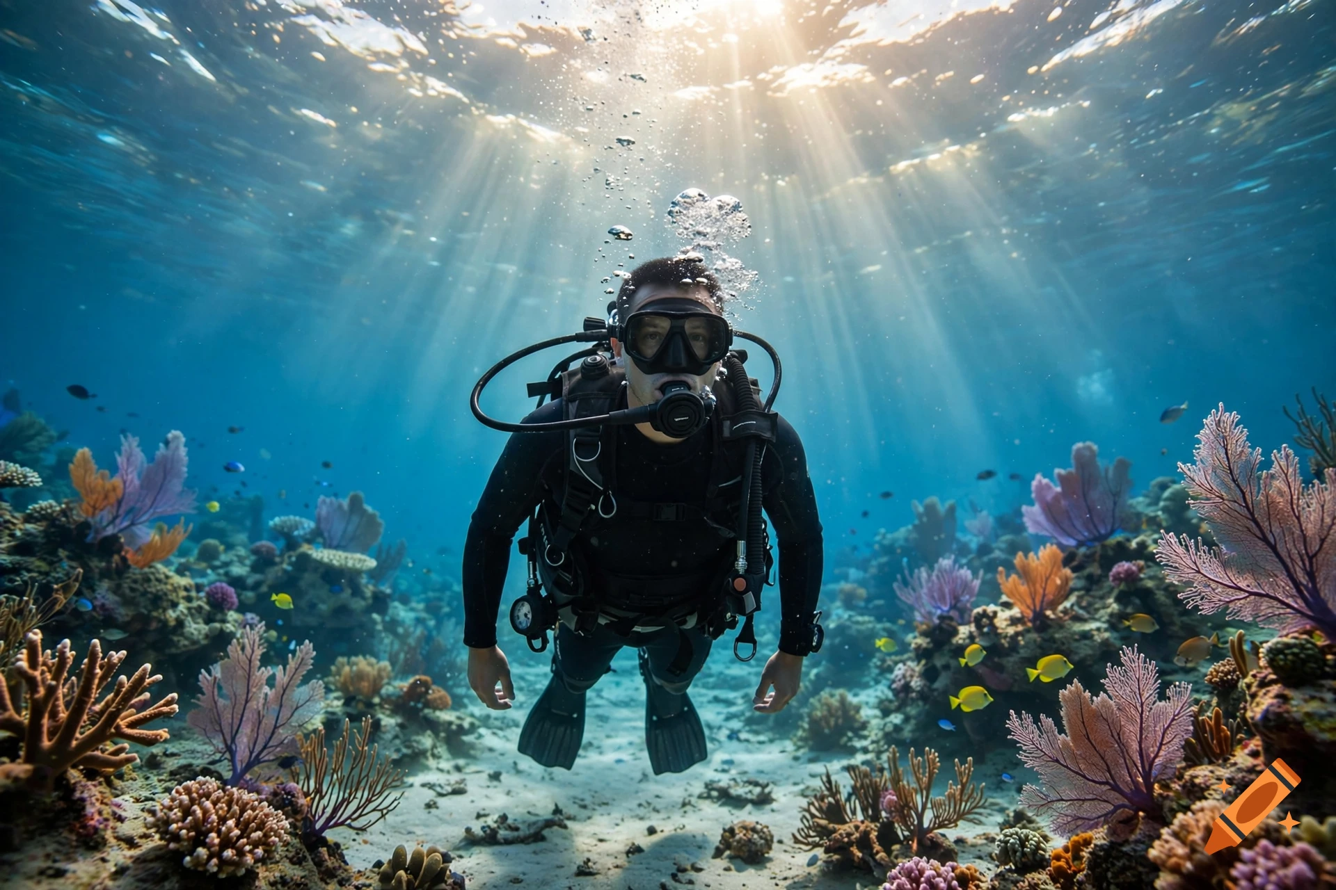 A scuba diver swimming among colorful coral reefs with sunlight filtering down from the water's surface, photorealistic.