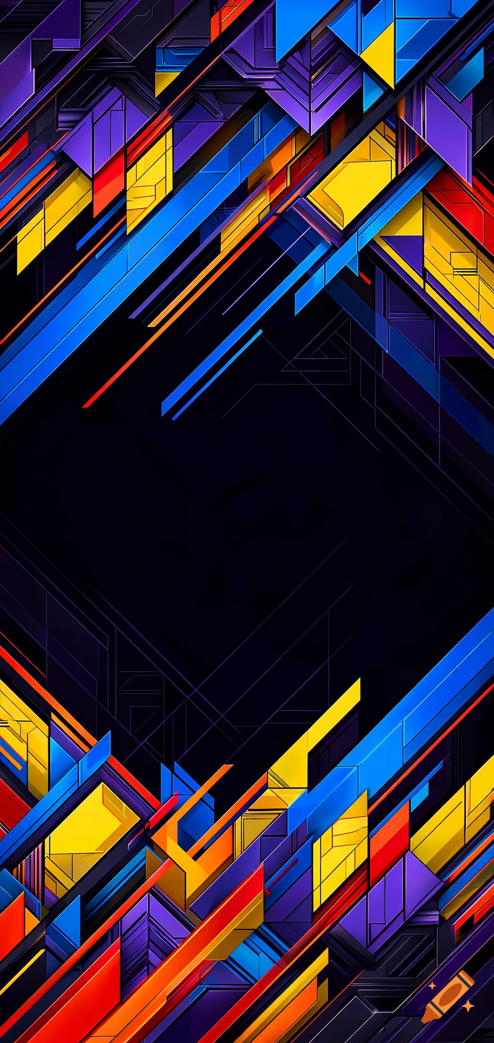Abstract digital wallpaper with angular geometric planes, interlocking forms, and diagonal energy bands in electric blue, vivid yellow, and purple.