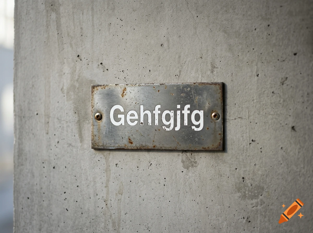 A weathered metal sign with the text 'Gehfgjfg' mounted on a rough concrete wall, photorealistic.