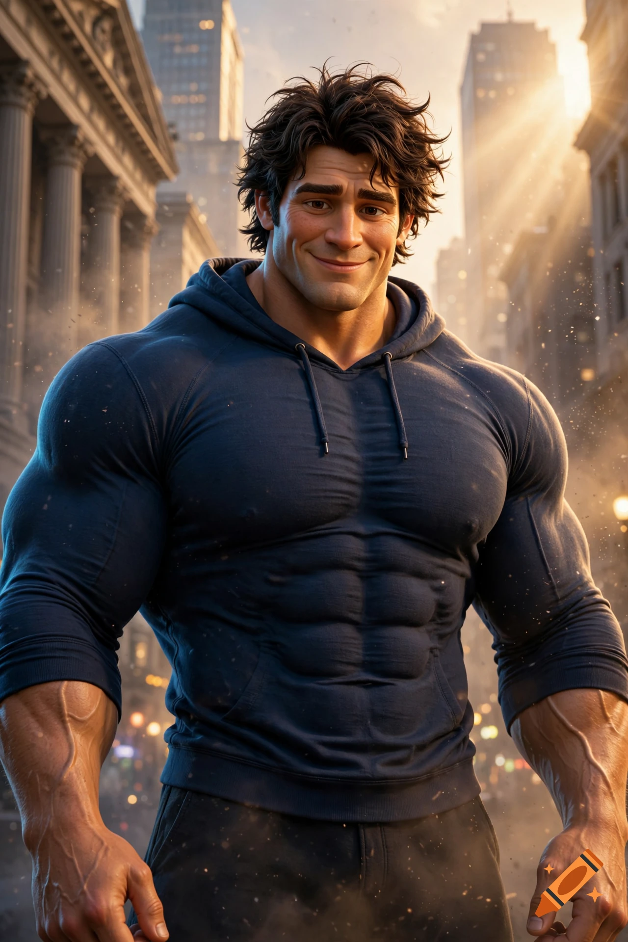 A muscular man with dark, messy hair wearing a dark hoodie stands on a busy city street with tall buildings in the background during golden hour.