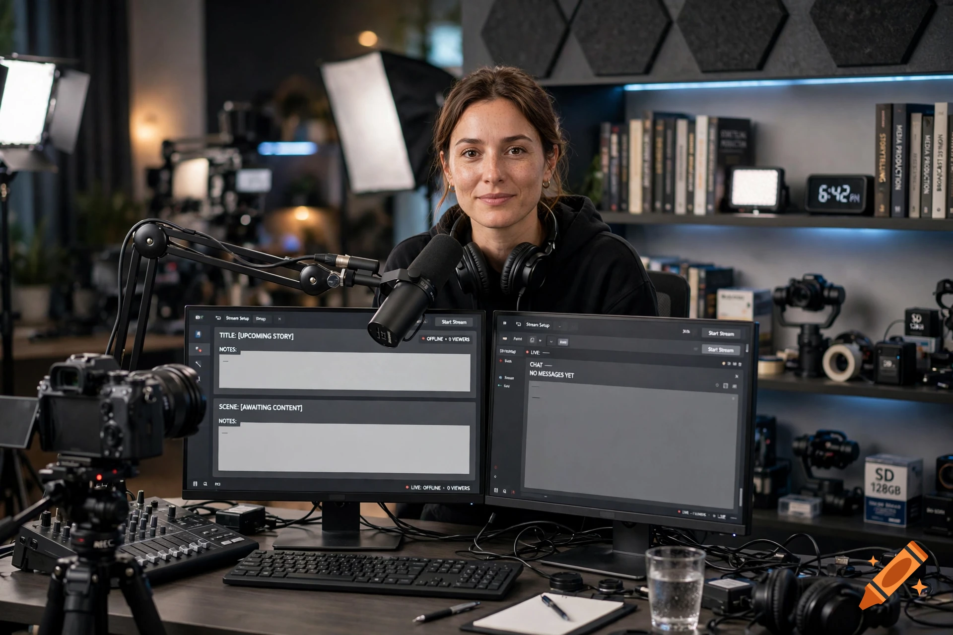 A woman smiling at the camera in a professional streaming studio with dual monitors, microphones, and lighting.