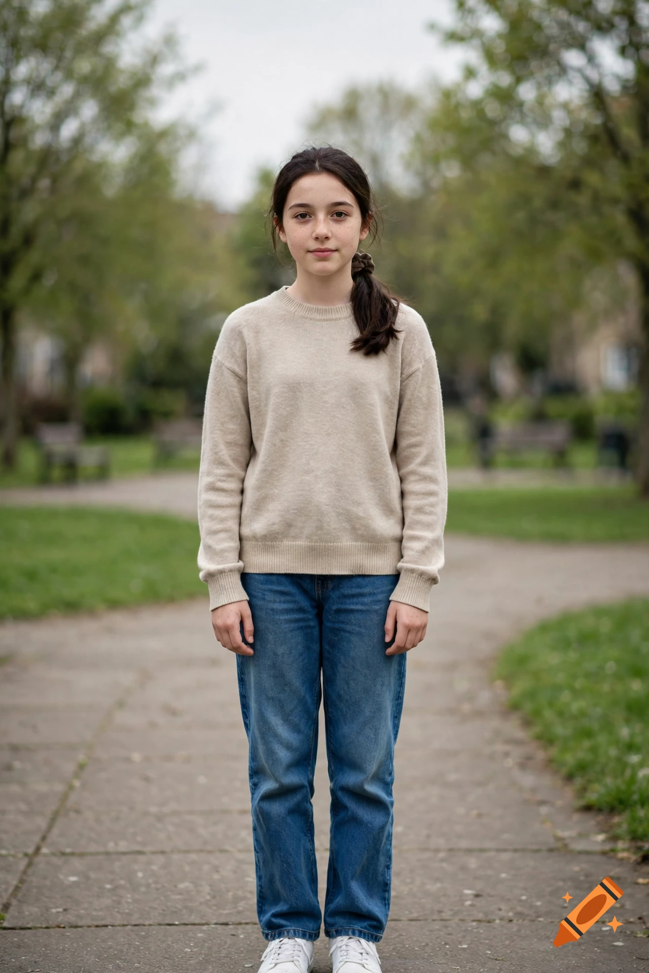 Photorealistic full-body portrait of a young girl with dark hair tied back, wearing a beige sweater and jeans, standing on a park path.