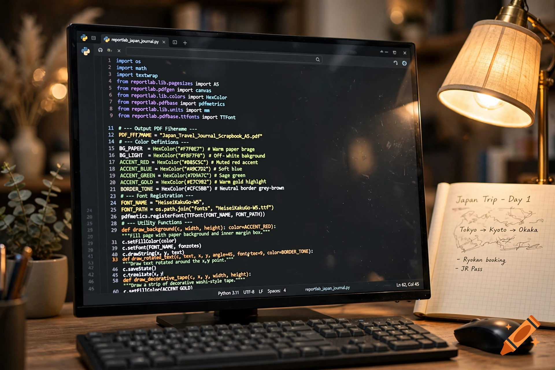 Close-up photograph of a computer monitor displaying Python code on a dark theme, next to a desk lamp and a notebook.