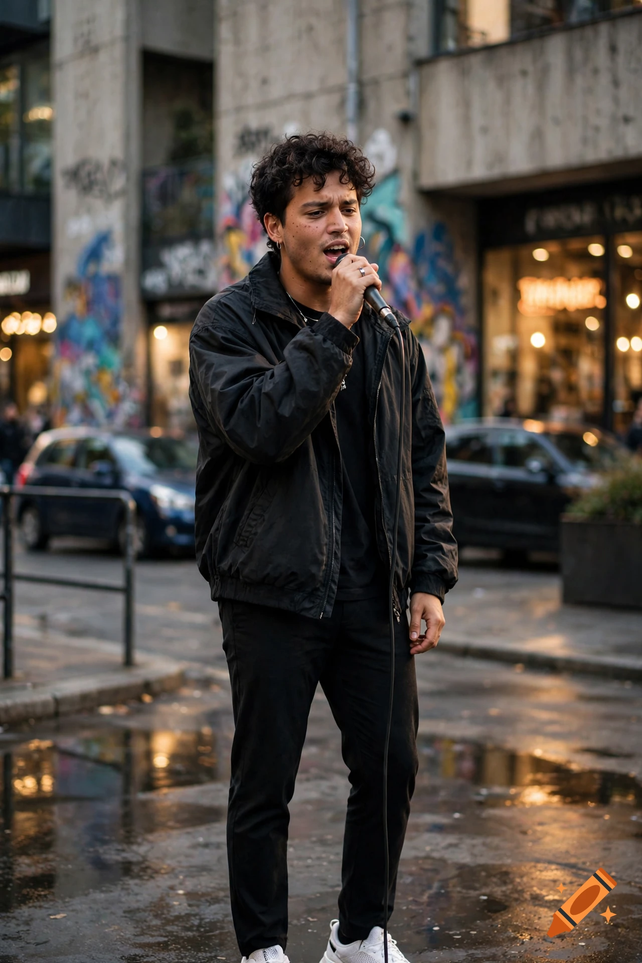 Photorealistic image of a young man with curly hair singing into a microphone on a wet urban street with graffiti in the background.