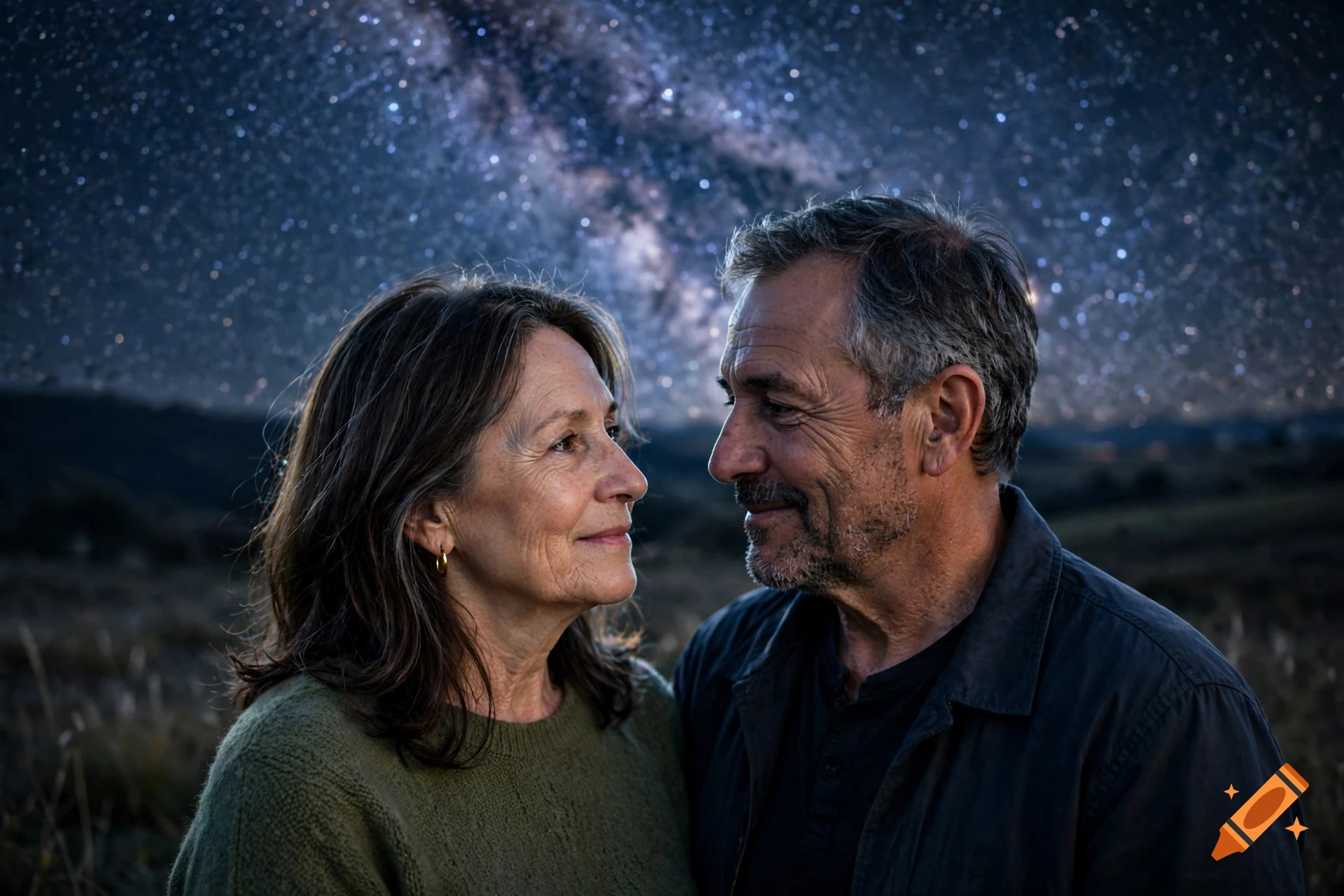 An older couple smiling at each other outdoors at night with a starry sky and milky way above.