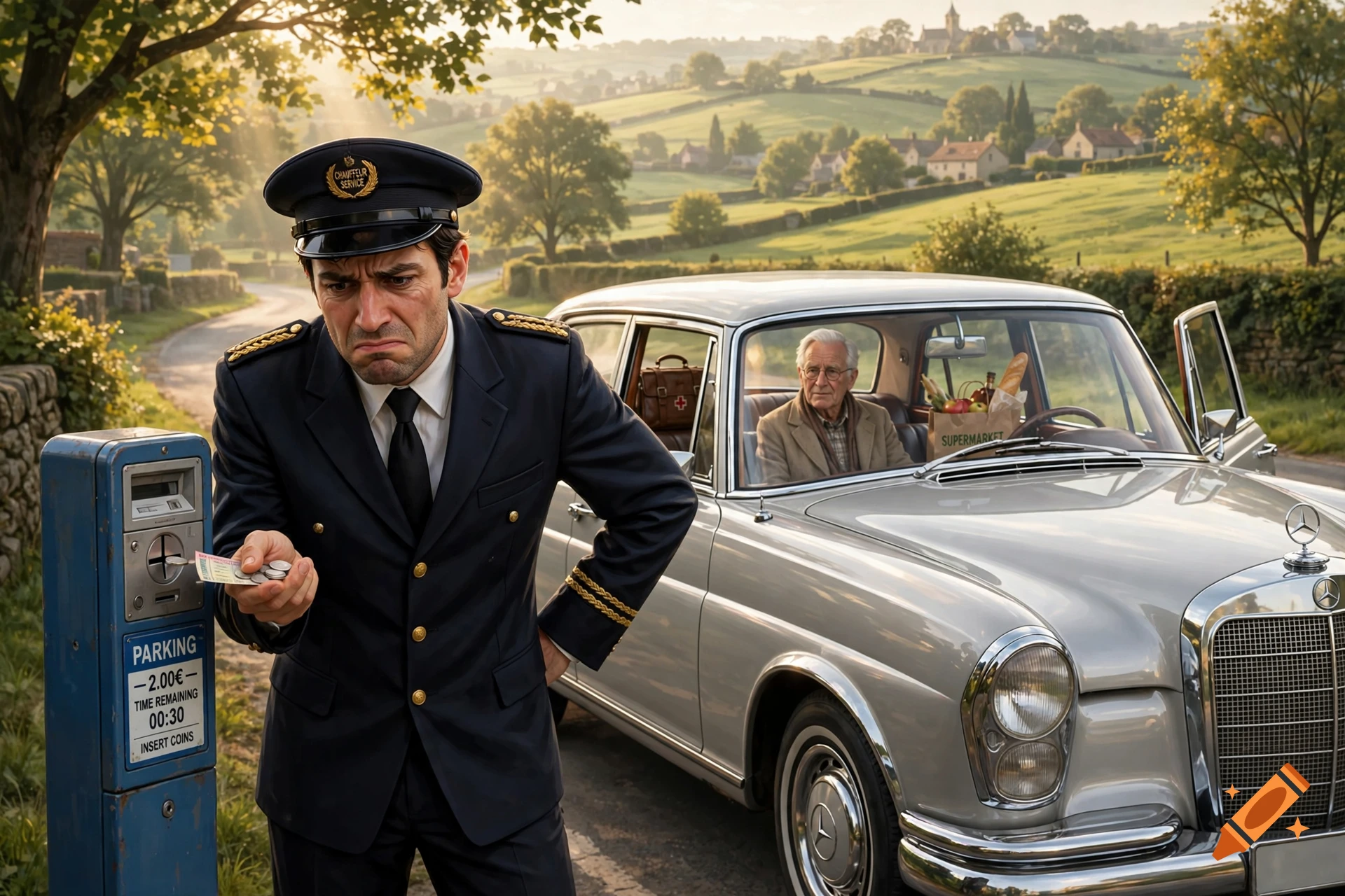 Photorealistic scene of a disgruntled chauffeur paying for parking next to a classic silver Mercedes with an elderly man inside.