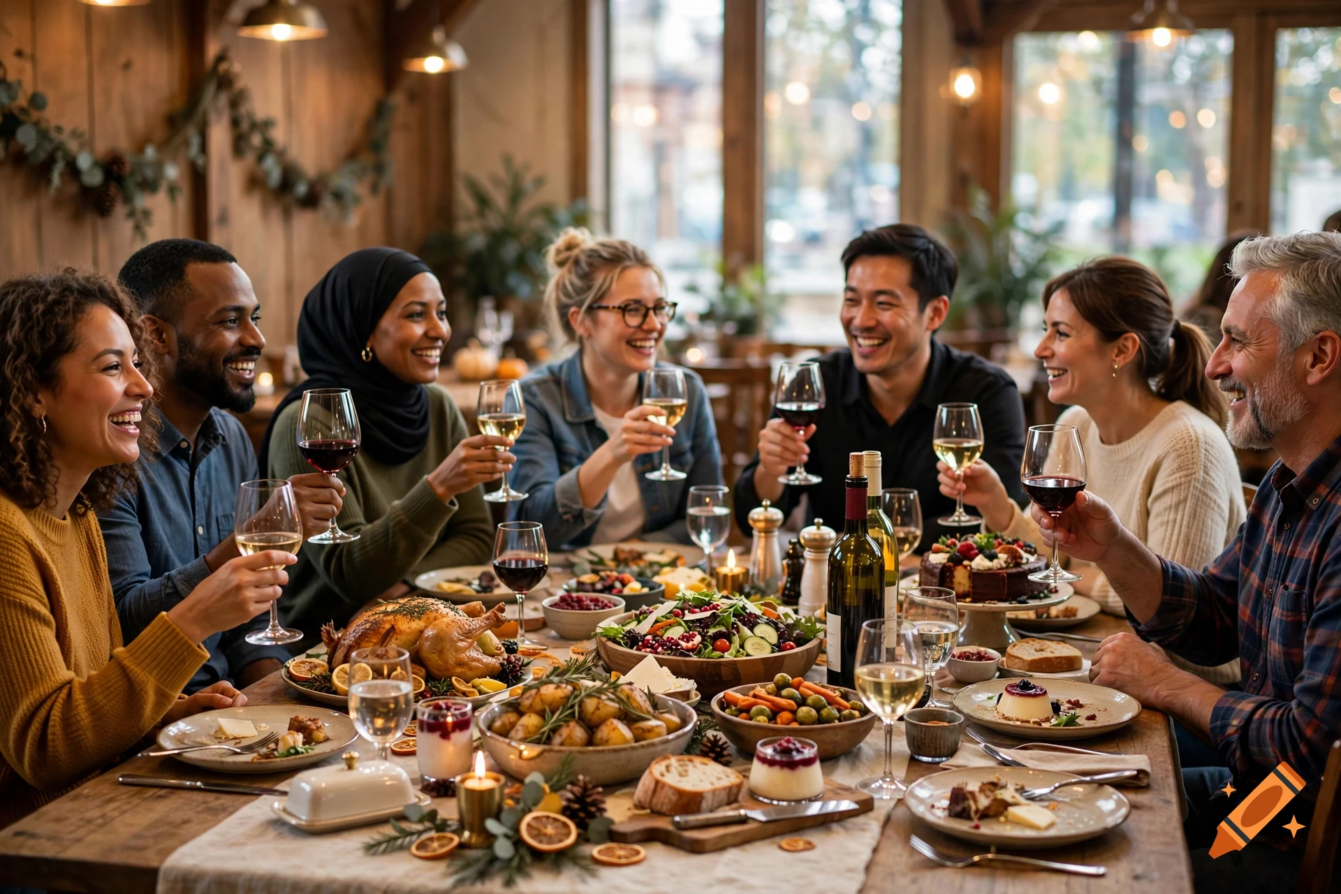A diverse group of friends smiling and raising glasses during a festive banquet dinner in a rustic dining room.